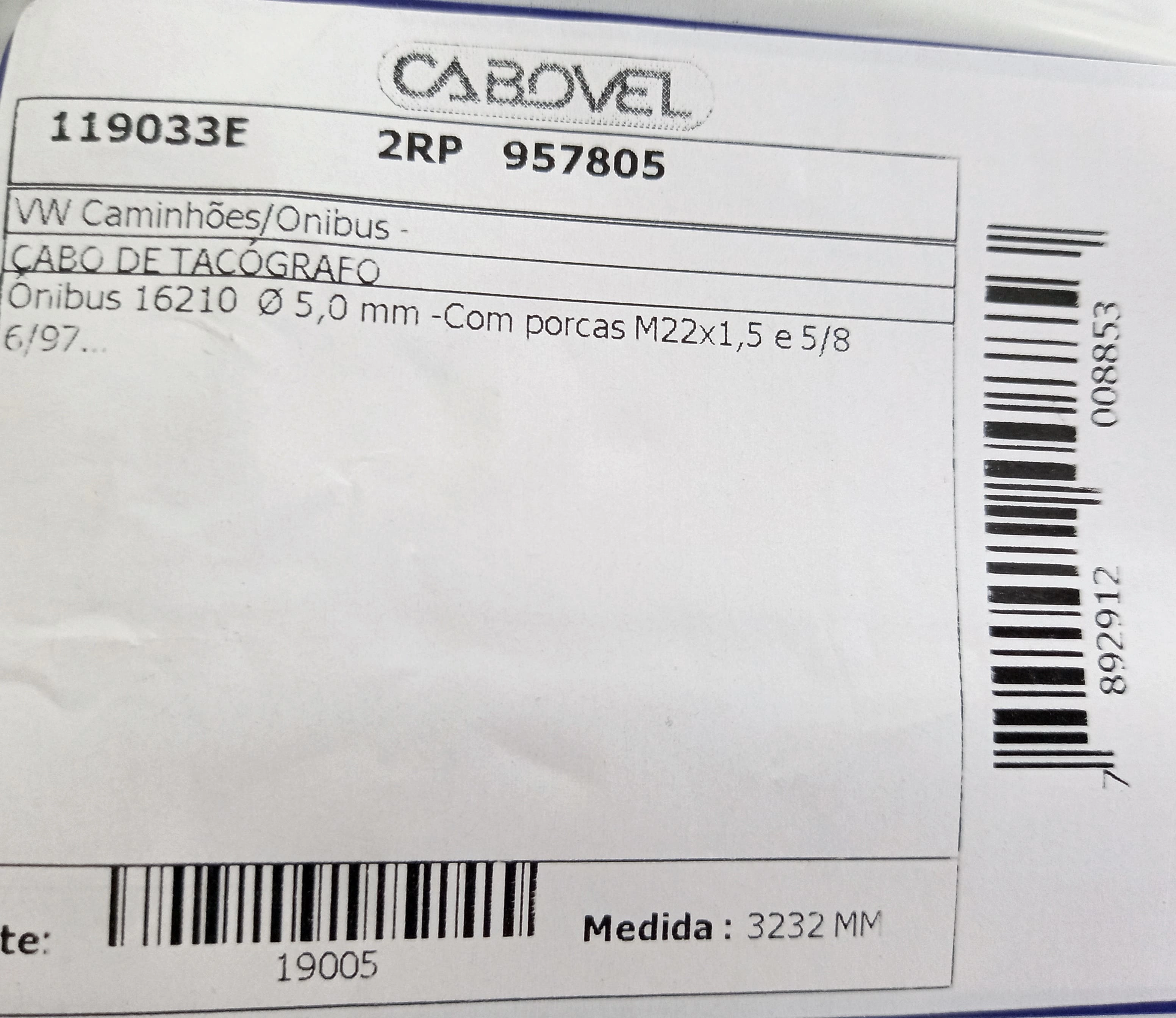 CABO VELOCIMETRO VW ONIBUS 16.210 - INTERNO 5.0MM 06.97/ 3232MM