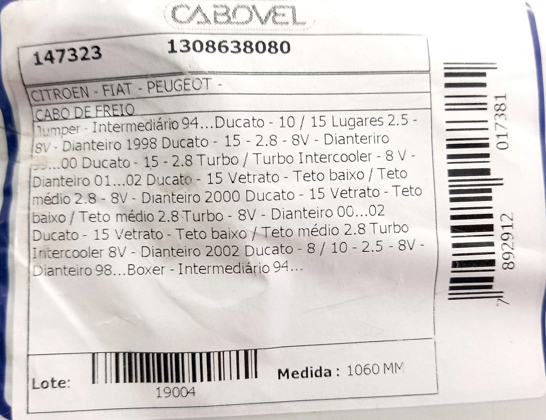 CABO FREIO FIAT DUCATO 98/2002 - DIANTEIRO