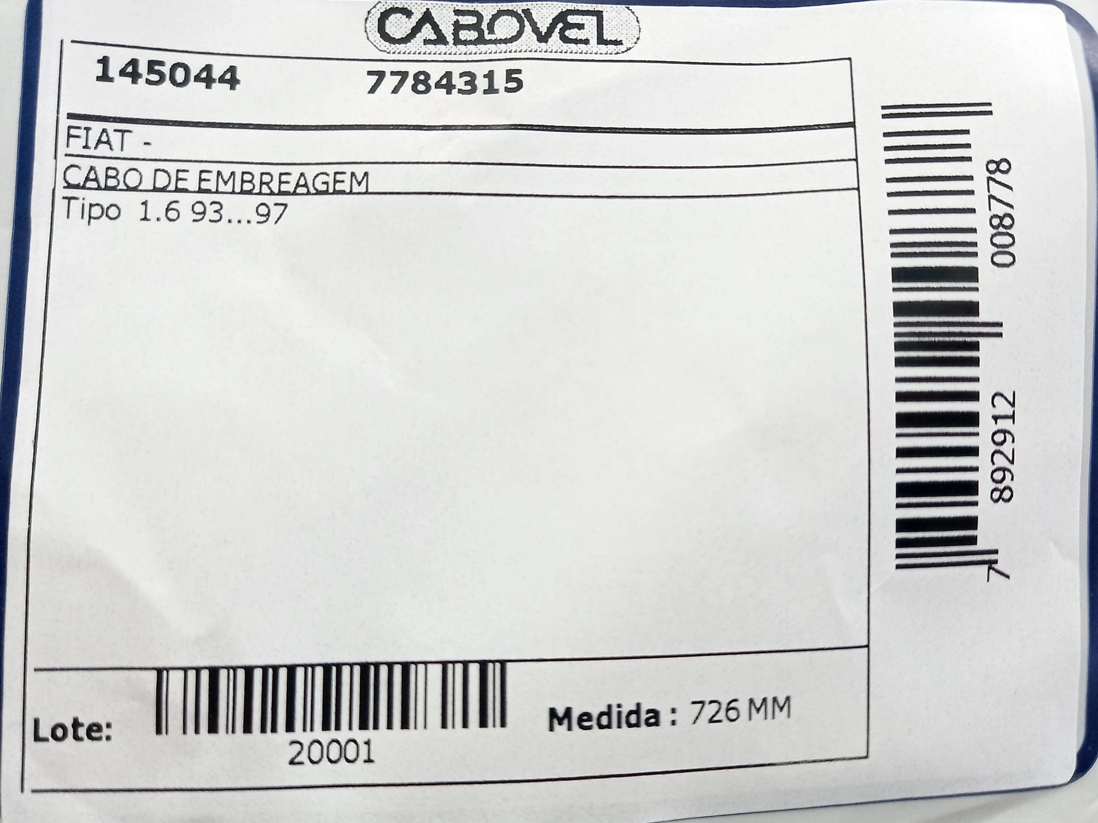 CABO EMBREAGEM 726MM FIAT TIPO 1.6 93/97