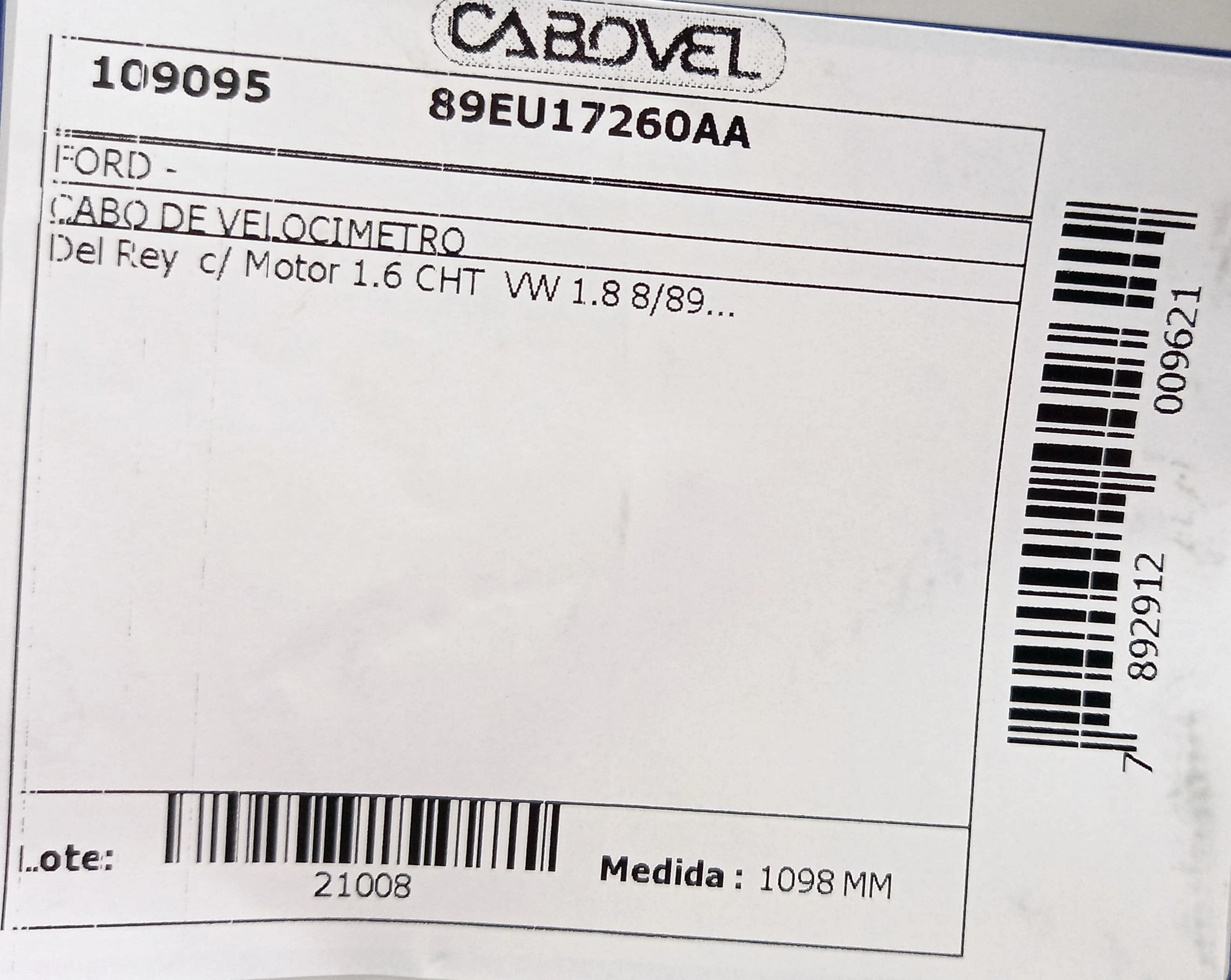 CABO VELOCIMETRO FORD DEL REY - C/MOTOR 1.6 CHT/VW 1.8 - PAMPA AP 1.8 8.89/ 1098MM