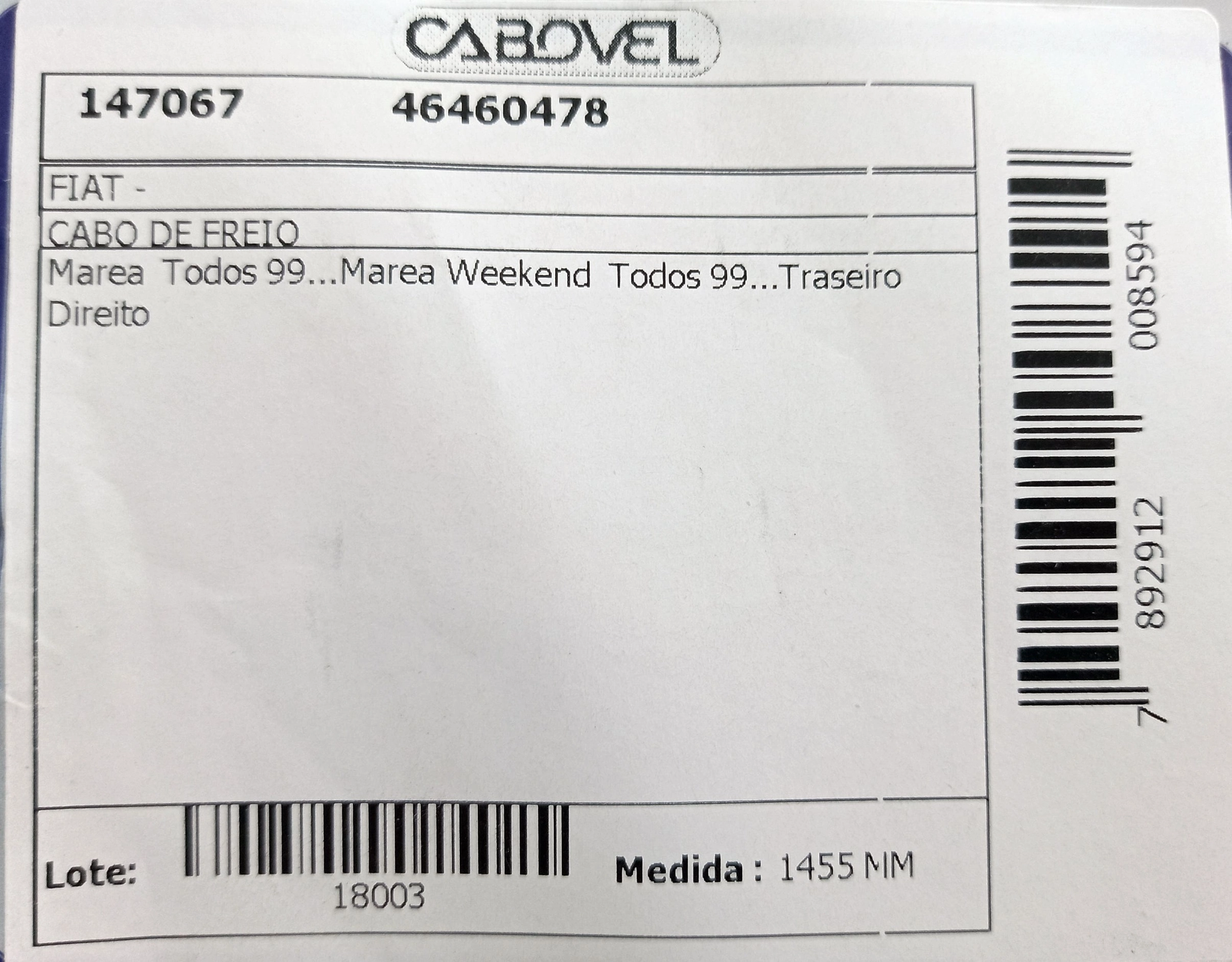CABO FREIO TRASEIRO DIREITO 1455MM FIAT MAREA/MAREA WEEKEND TODOS 99/