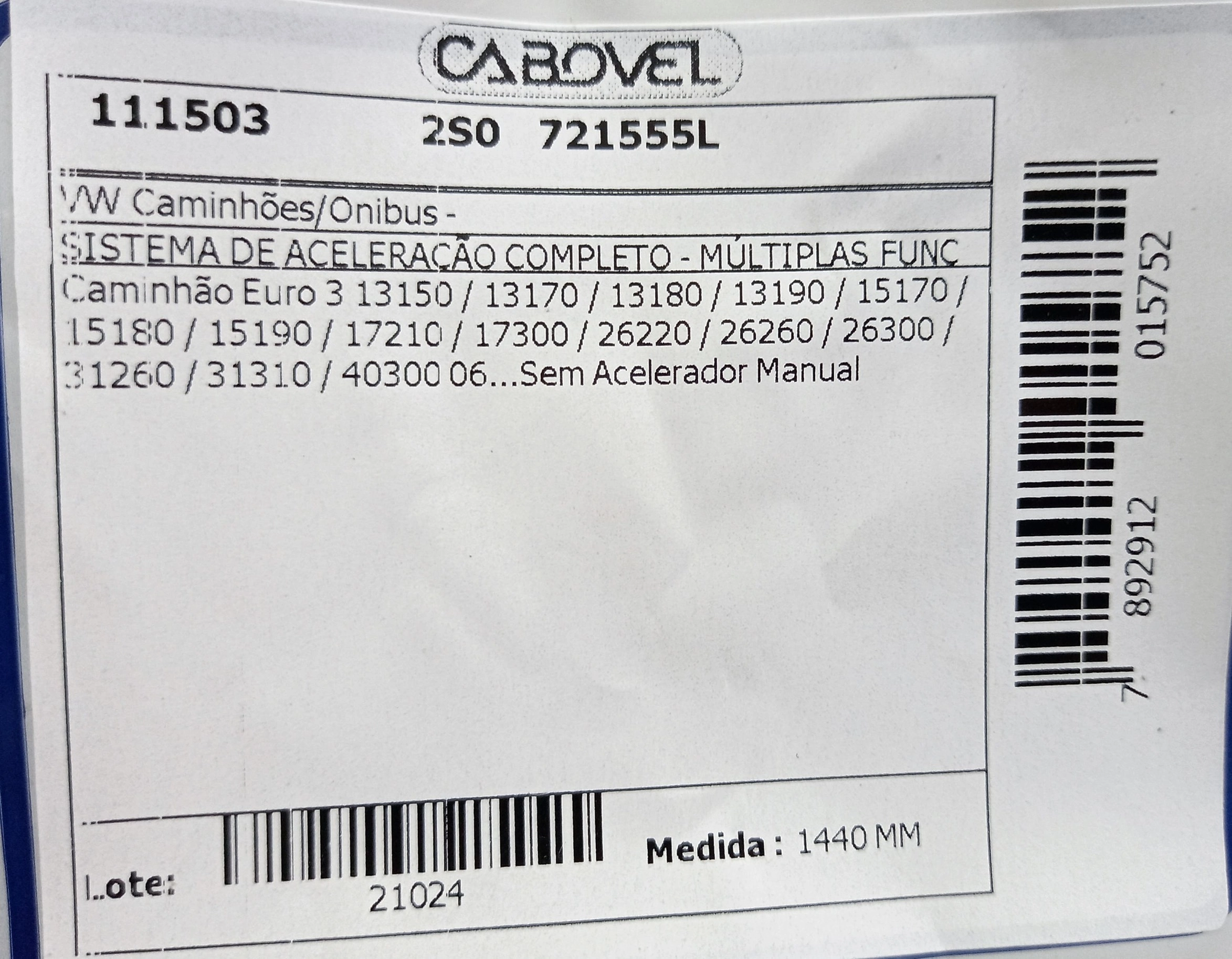 CABO ACELERADOR MULTIPLAS FUNCOES VW 13.150/13.180/15.180/17.300/26.220/31.260/40.300 06/... 1440MM