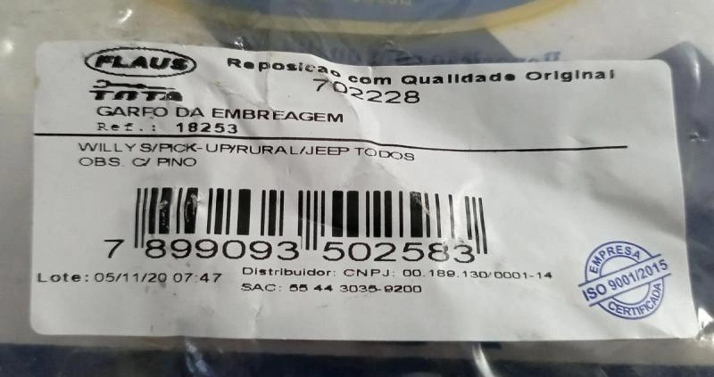 GARFO EMBREAGEM WILLYS F-75/JEEP/RURAL 6 CIL TODOS COM PINO
