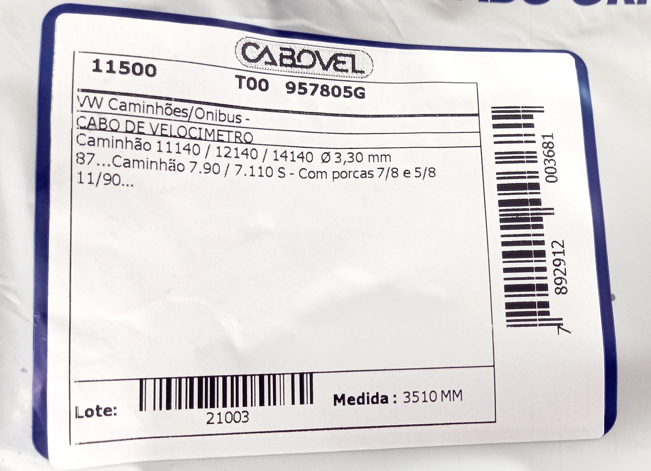 CABO VELOCÍMETRO 3510MM VELOCIMETRO VW 11.140/12.140/14.140 INTERNO 3.30MM 87/