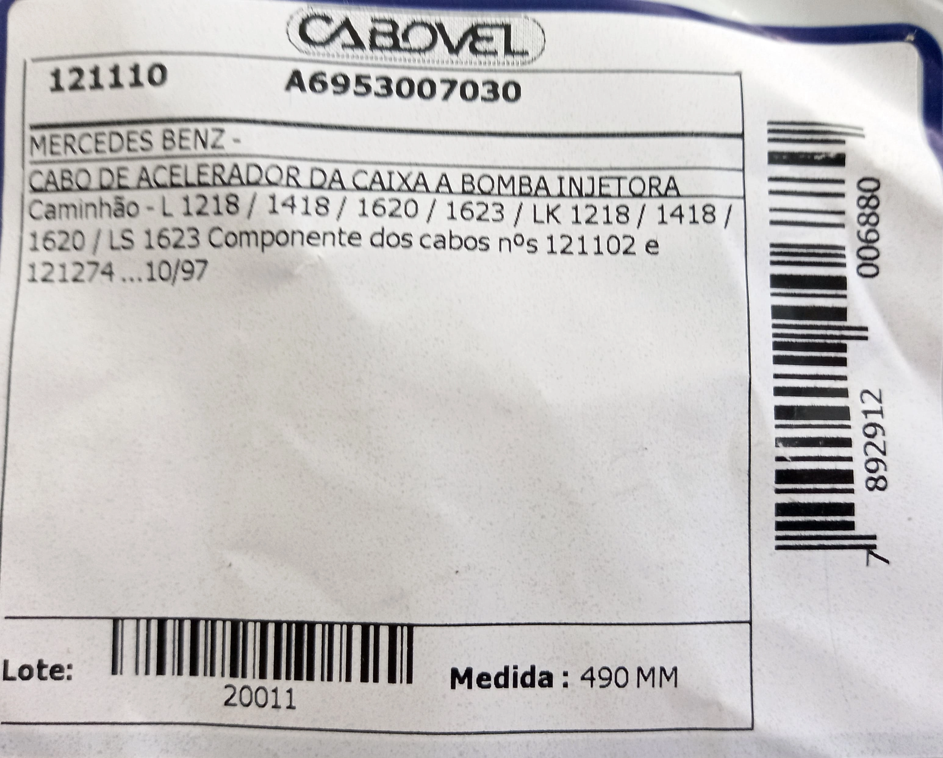 CABO ACELERADOR MB 1218/1418/1620/1623 /10.97 - CAIXA A BOMBA 490MM
