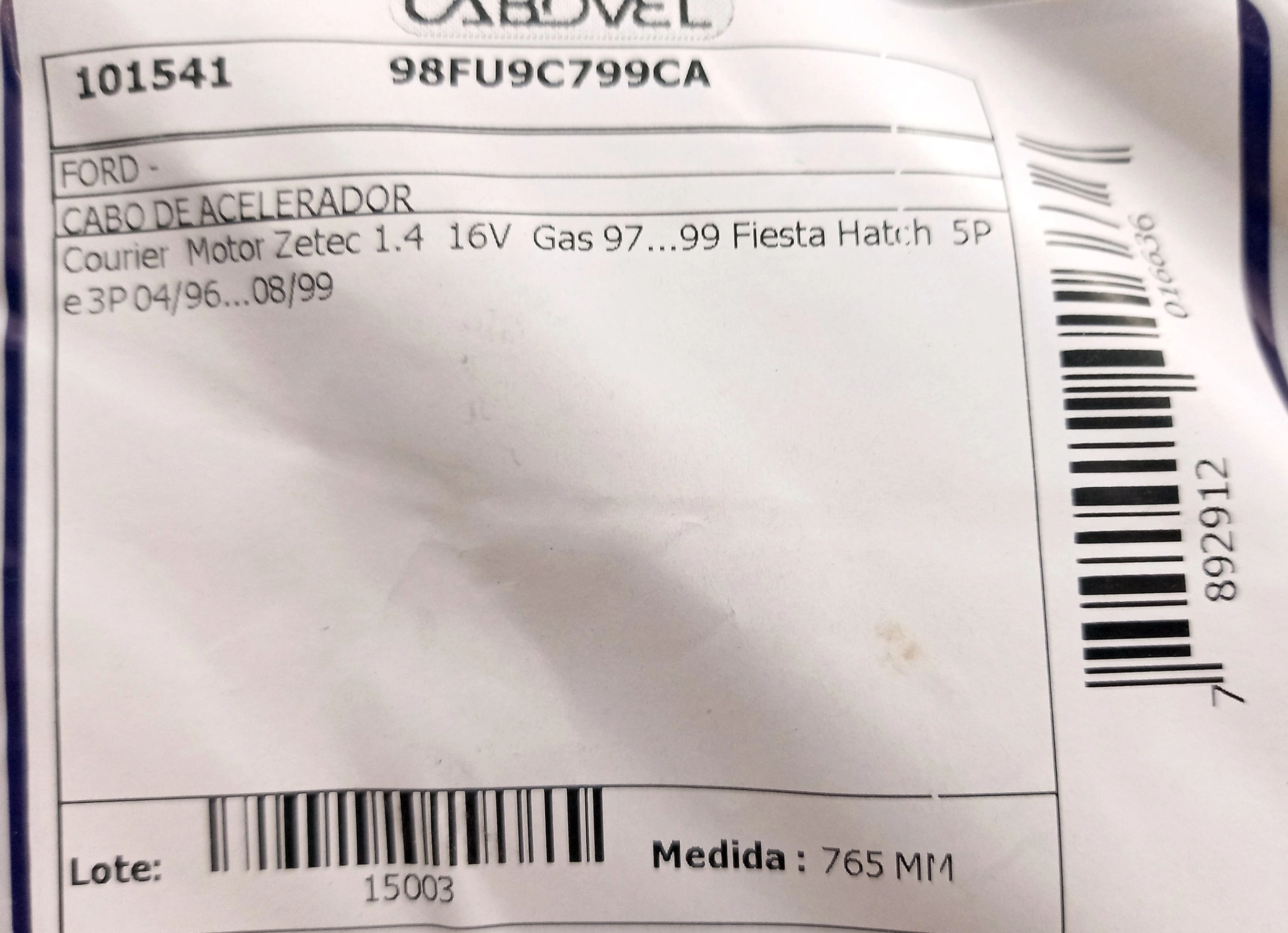 CABO ACELERADOR MOOTR ZETEC 1.4 16V 765MM FORD FIESTA/COURIER 1996/1999