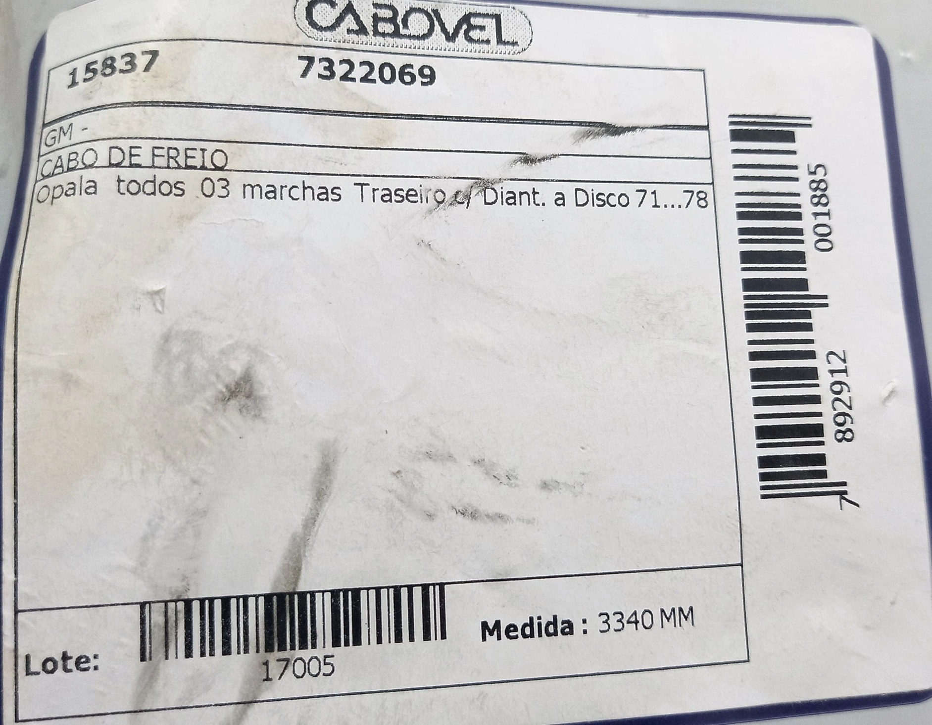 CABO FREIO TRASEIRO 3340MM GM OPALA/CARAVAN TODOS 03 MARCHAS C/DIANT. A DISCO 71/78 3340