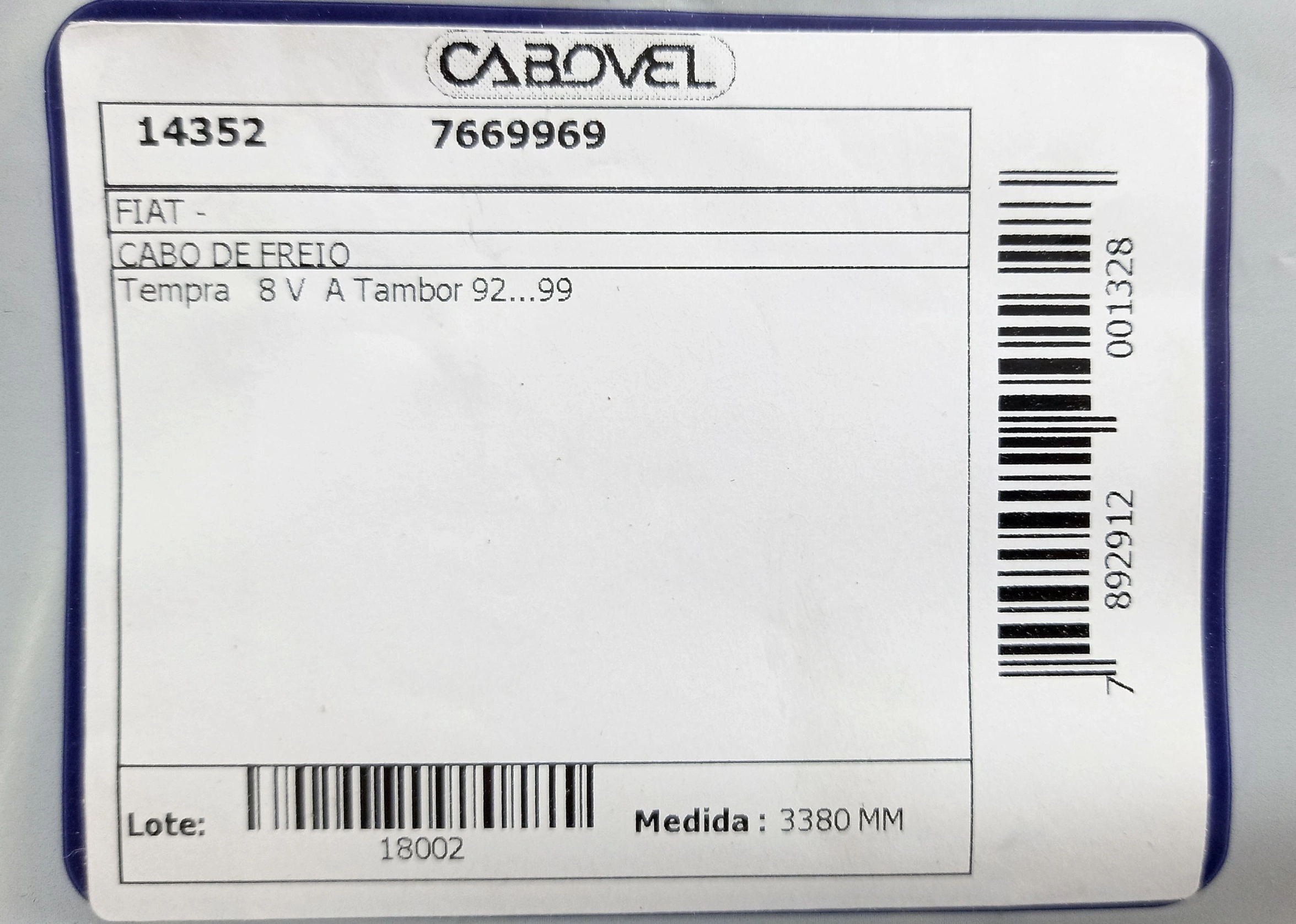 CABO FREIO TRASEIRO 3380MM FIAT TEMPRA 8 V 92/99