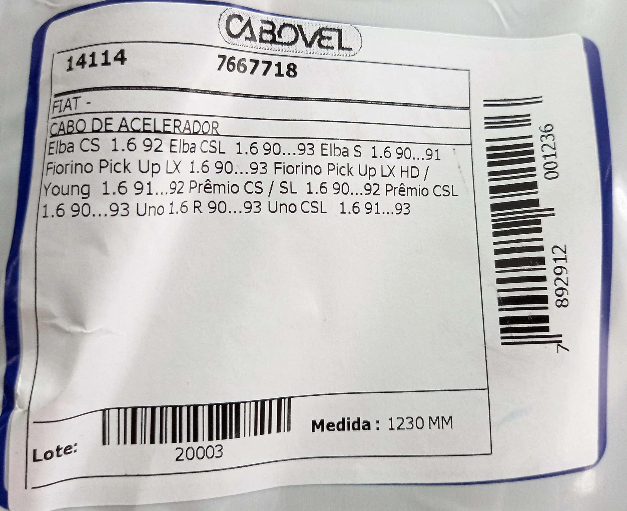 CABO ACELERADOR 1230MM FIAT UNO 1.6 91/93 ELBA/PREMIO 90/93 FIORINO