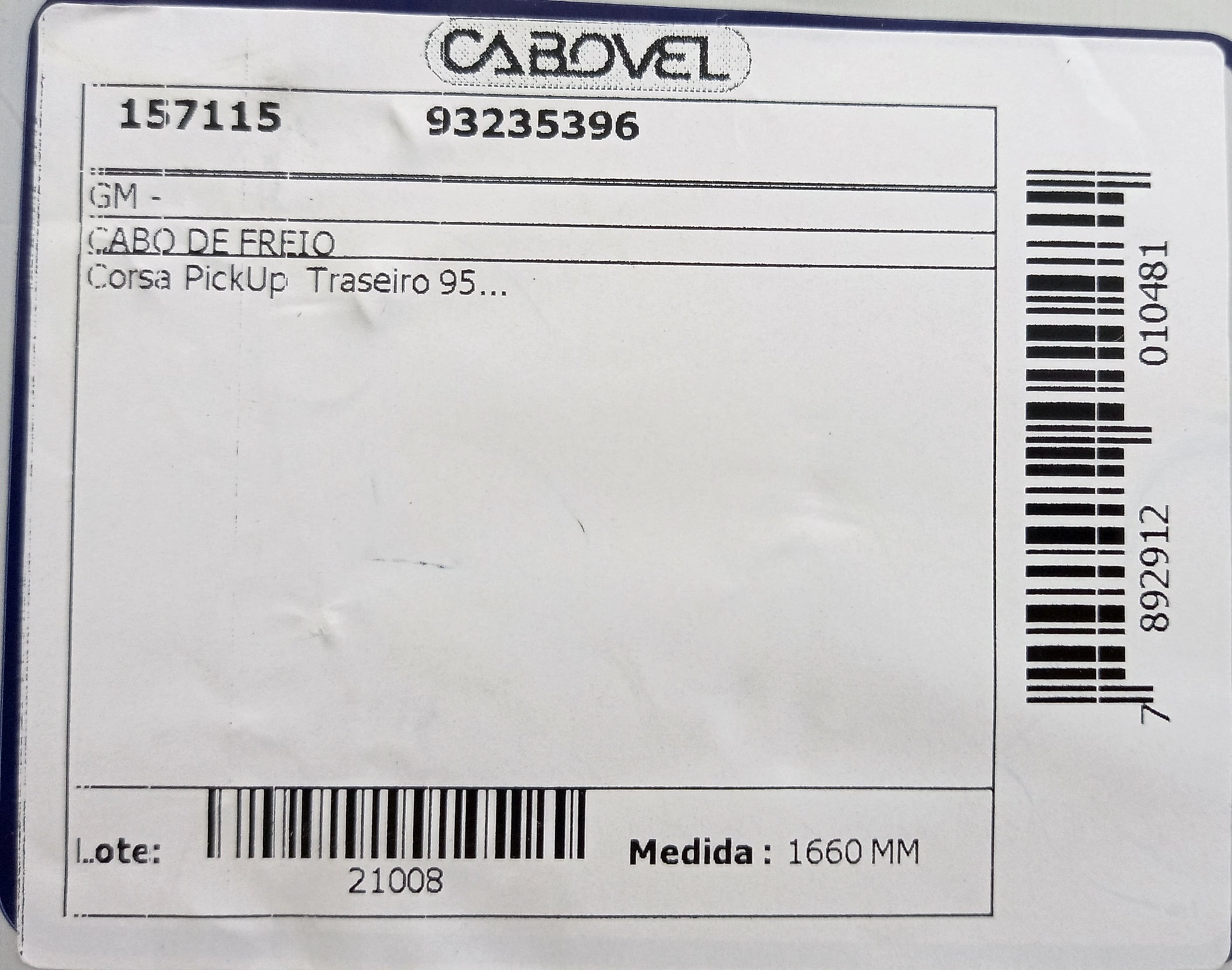 CABO FREIO TRASEIRO 1660MM GM CORSA PICK-UP 95/2004 1660