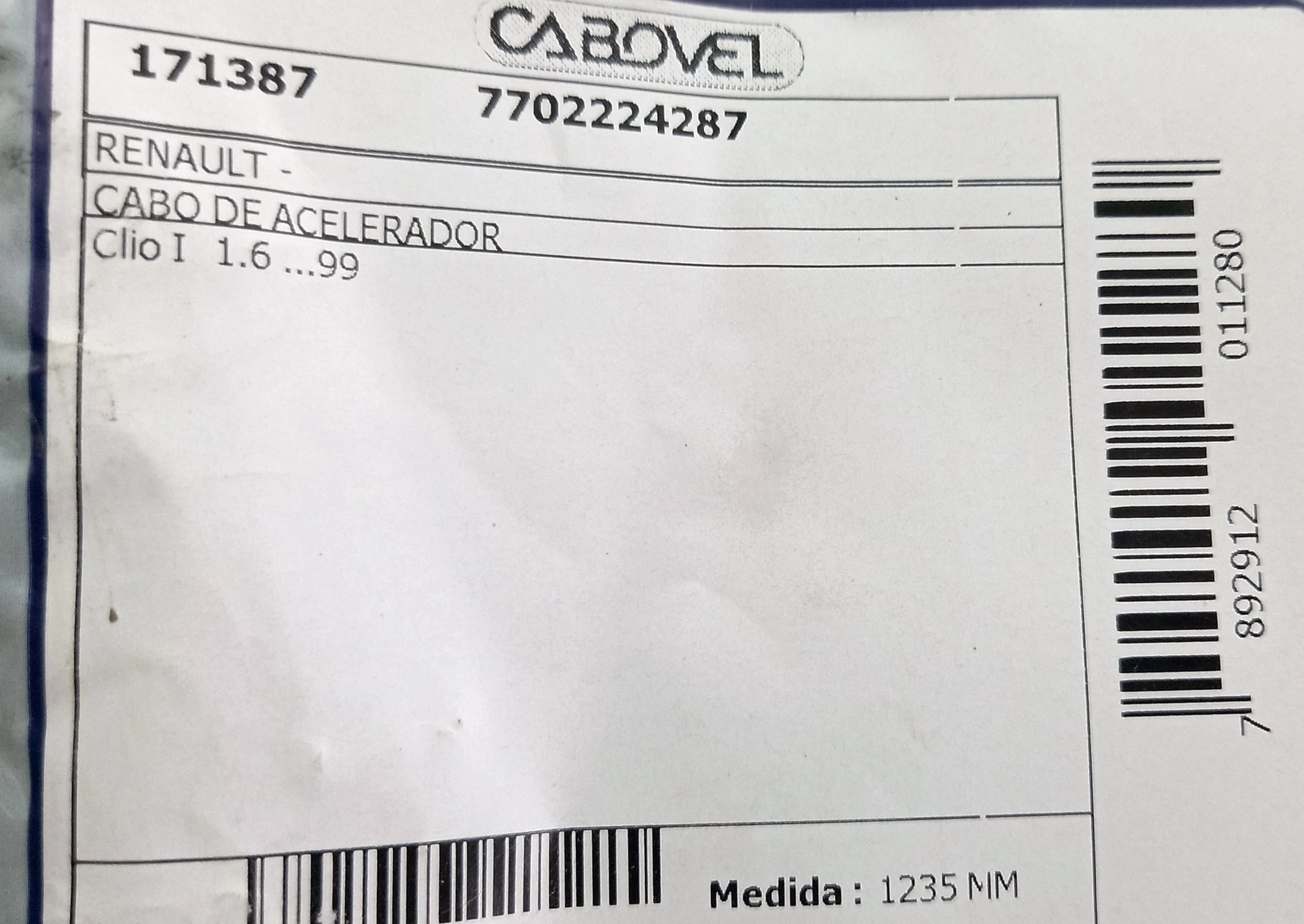 CABO ACELERADOR 1235MM RENAULT CLIO 1.6 /1999