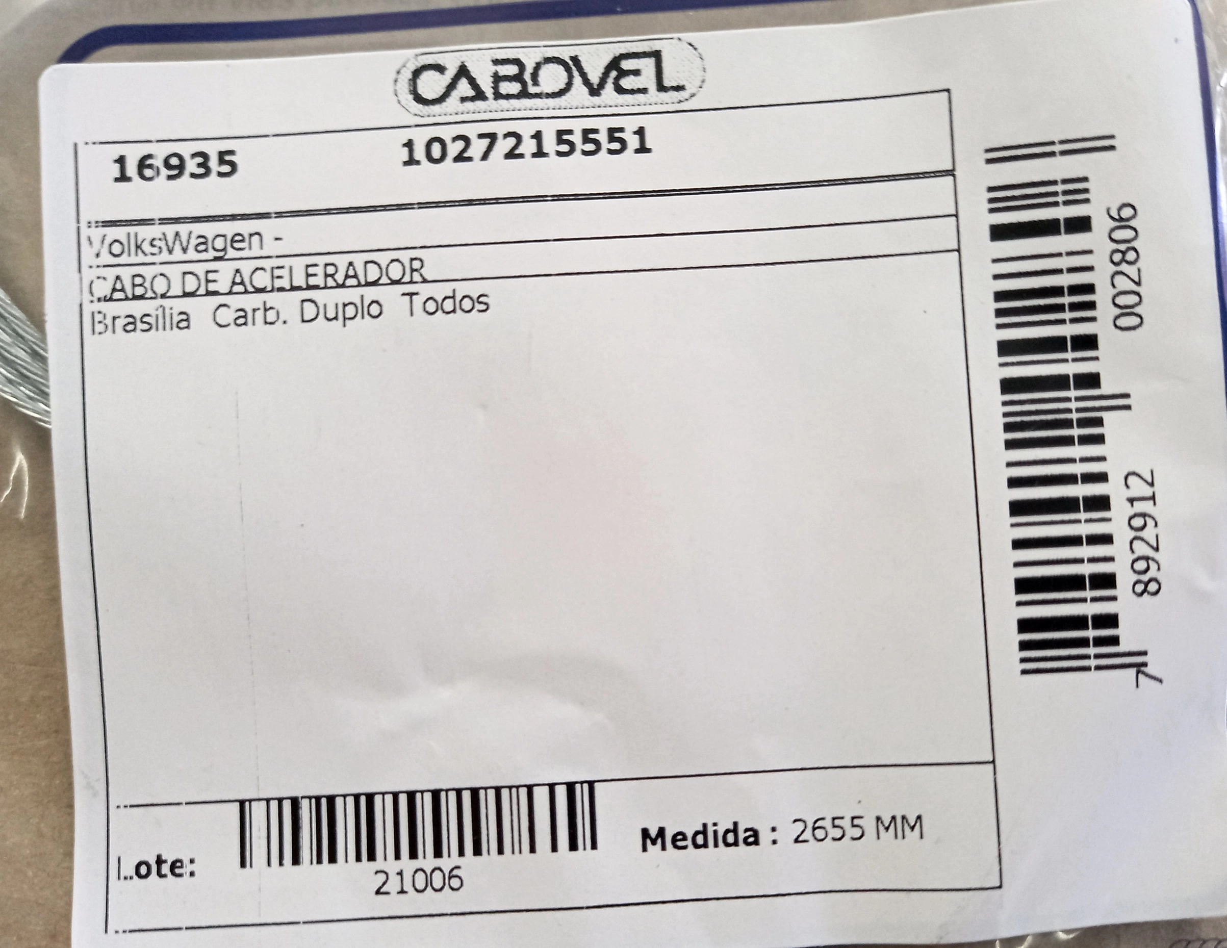 CABO ACELERADOR 2655MM VW BRASILIA CARBURACAO DUPLA TODOS 2655