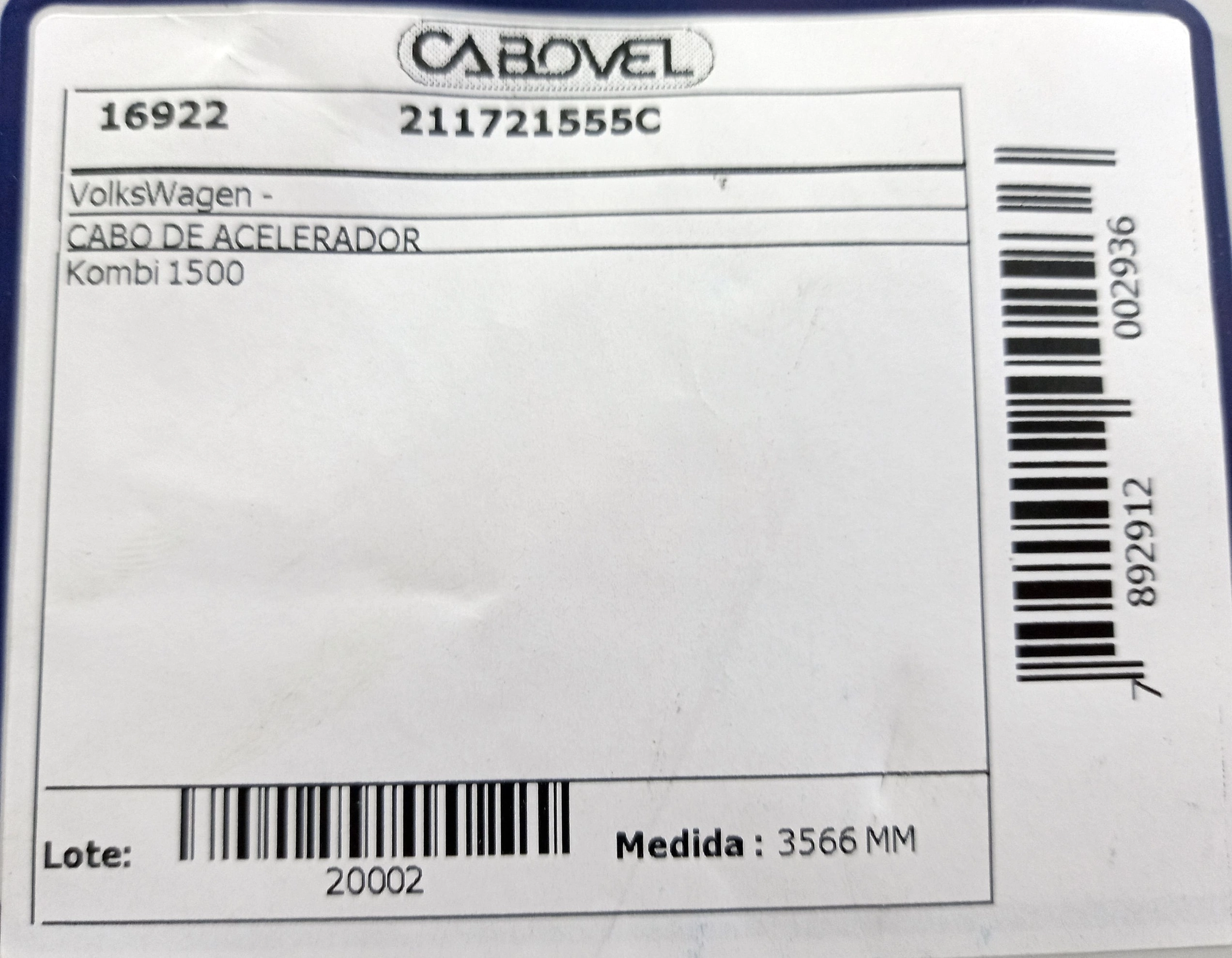 CABO ACELERADOR VW KOMBI 1500 - 3566