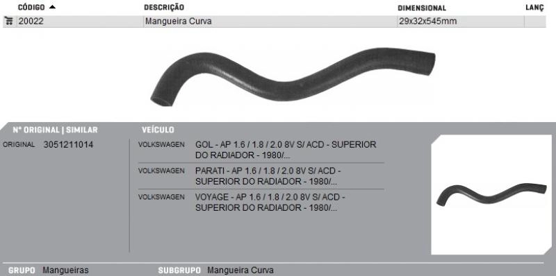 MANGUEIRA RADIADOR SUPERIOR VW GOL/VOYAGE/PARATI/SAVEIRO AP 85/94