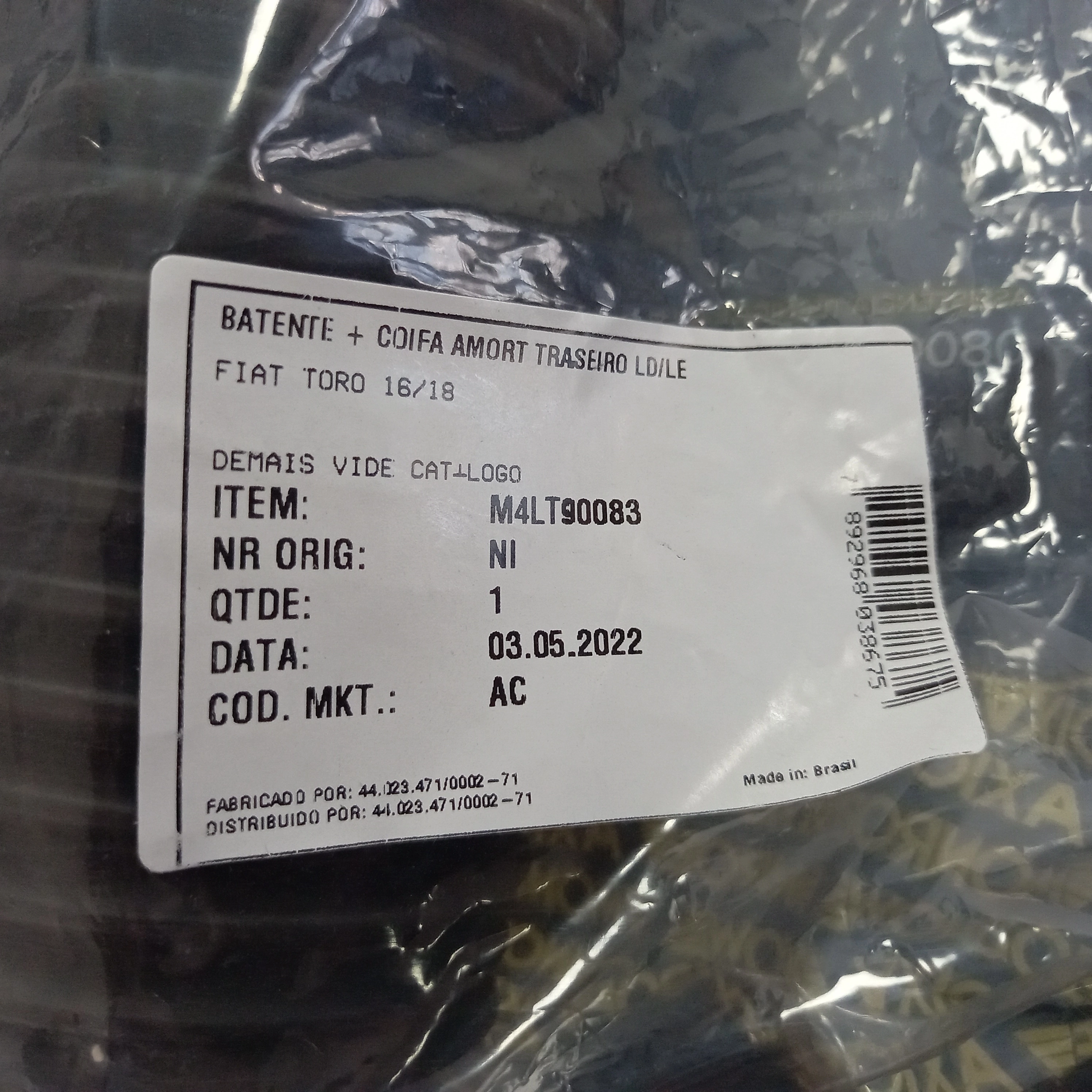 KIT AMORTECEDOR TRASEIRO FIAT TORO 16/18 - BATENTE E COIFA