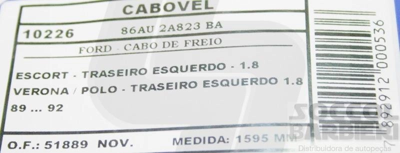 CABO FREIO TRASEIRO ESQUERDO 1595MM FORD ESCORT/VERONA 1.8 89/92