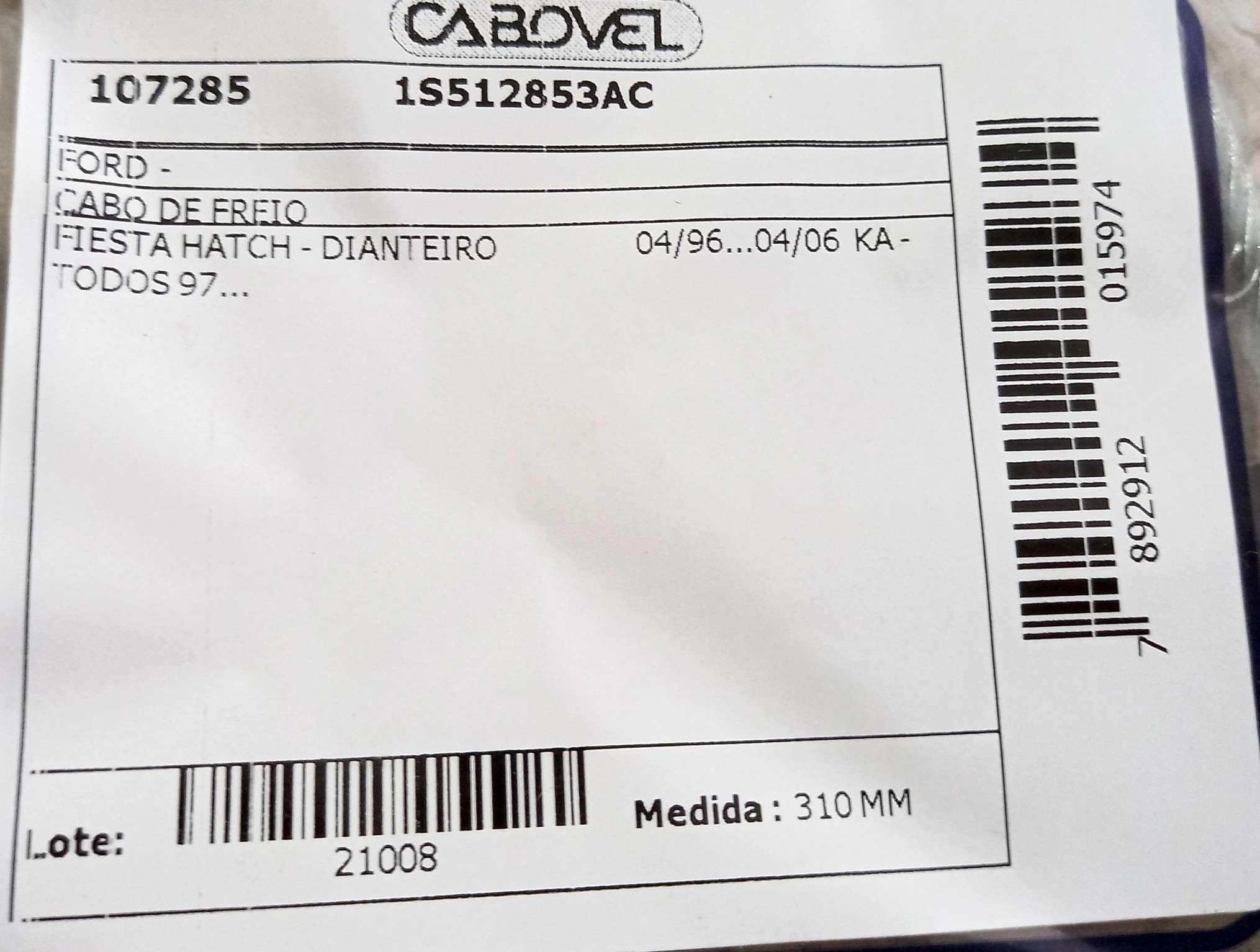 CABO DE FREIO DIANTEIRO FORD FIESTA HATCH 1996/2006 - KA 1997/ - 310MM