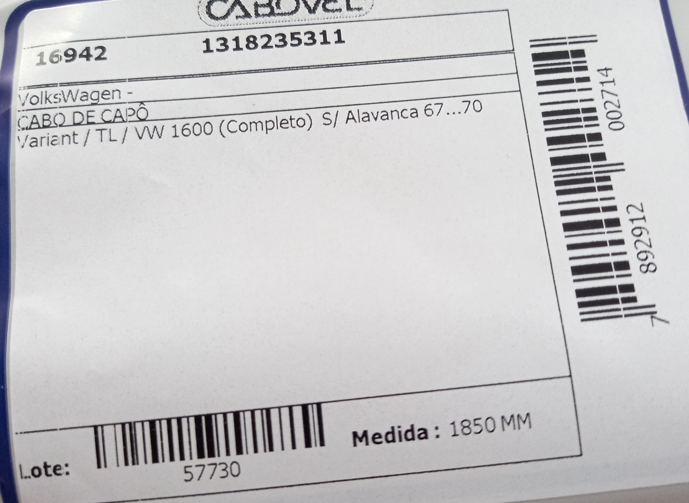 CABO CAPO VW VARIANT/TL/VW 1600 - COMPLETO 67/70 1850