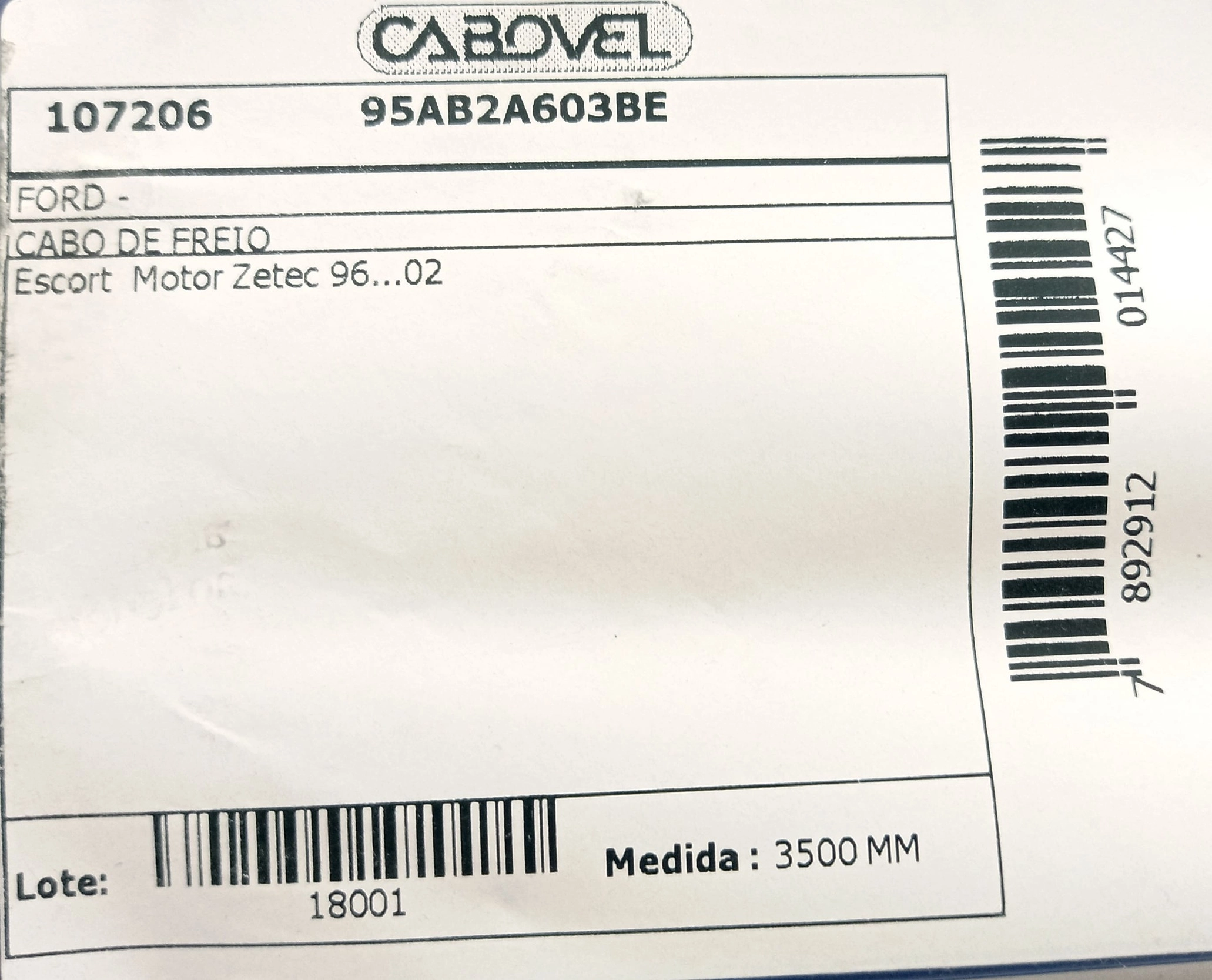 CABO FREIO TRASEIRO 3500MM FORD ESCORT ZETEC 97/ TODOS