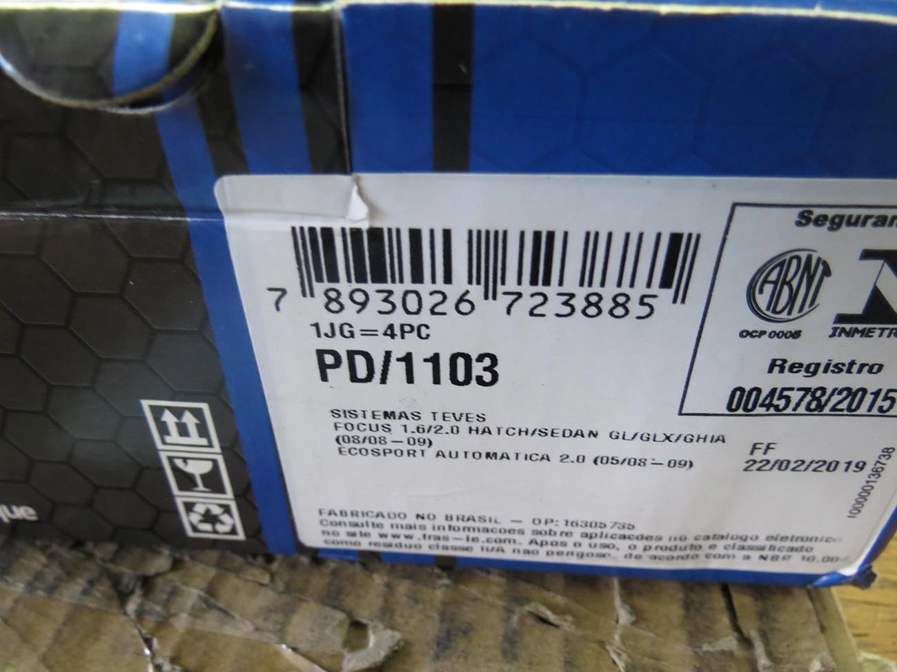 PASTILHA DE FREIO DIANTEIRA FORD NOVO FOCUS 1.6/20 08/009 - ECOSPORT 2.0 4X2 2005/08.2009 AUTOMATICA