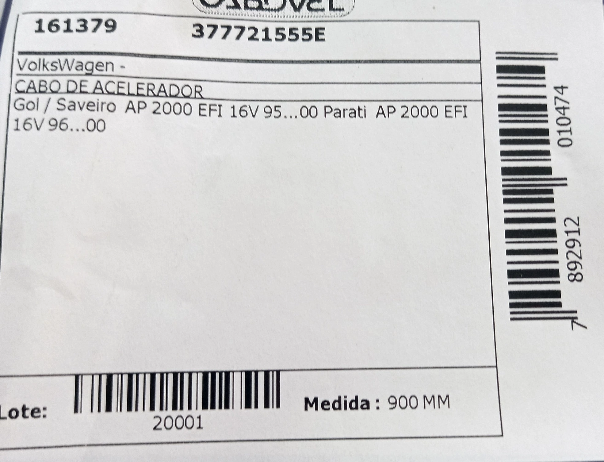 CABO ACELERADOR VW GOL/PARATI/SAVEIRO 2.0 16V - 95/2000 900