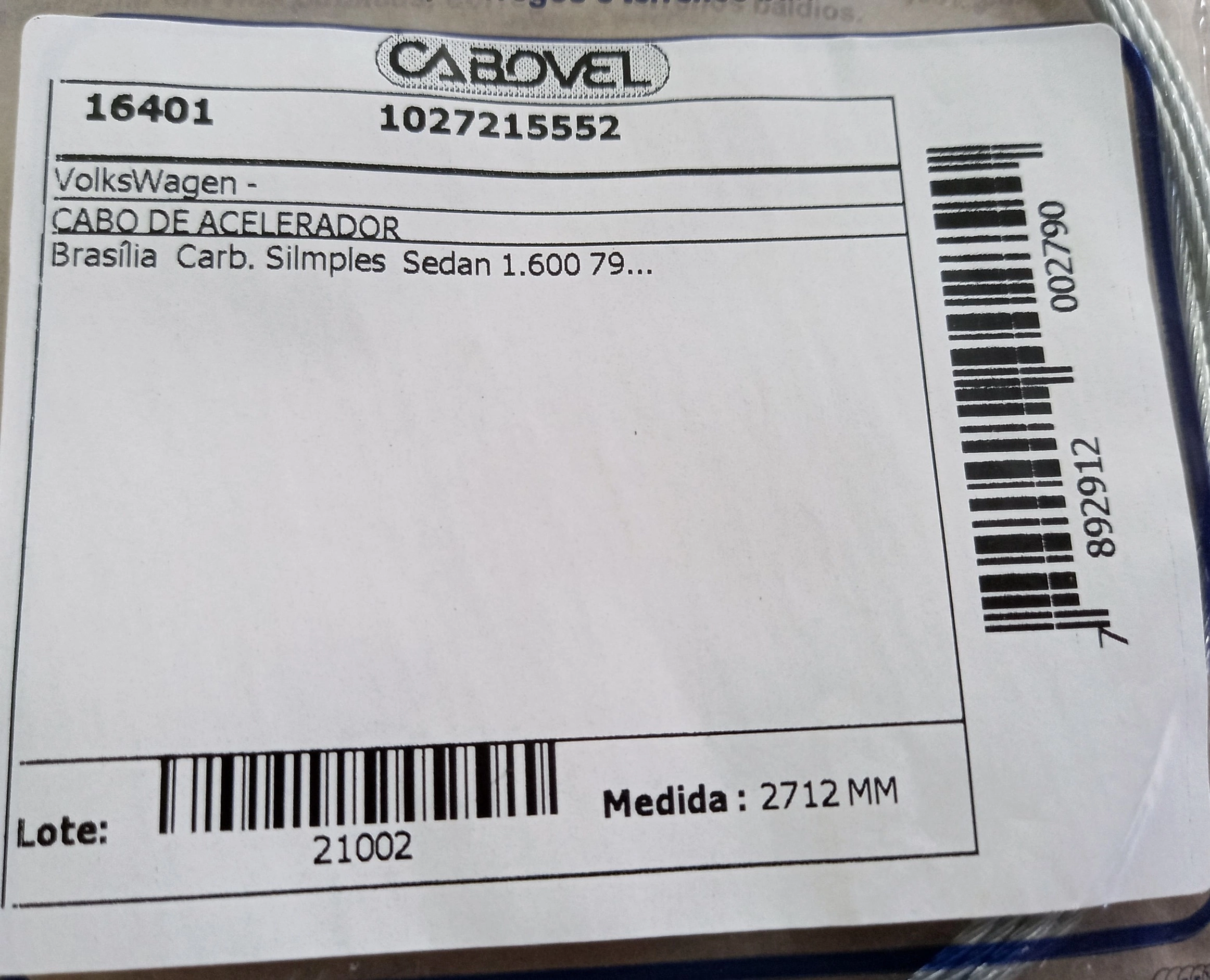 CABO ACELERADOR 2712MM VW BRASILIA CARBURACAO SILMPLES FUSCA 1.600 79/ 2712