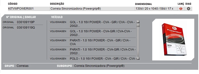 KIT CORREIA COMANDO VÁLVULAS DENTADA SINCRONISMO MOTOR 1.0 16V POWER VW GOL/PARATI 2 CORREIAS