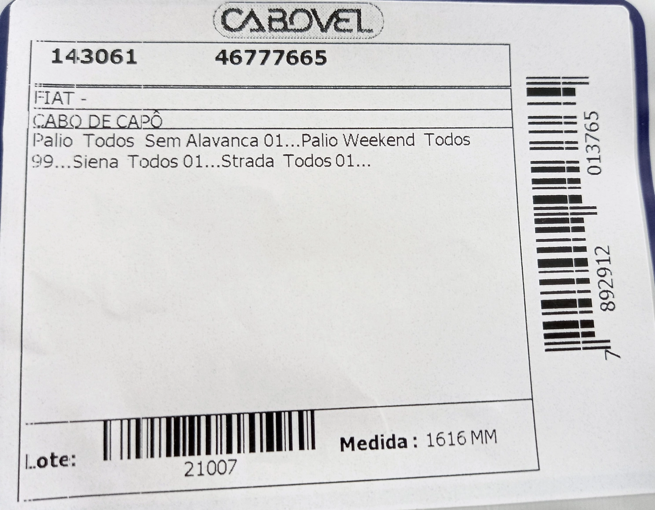 CABO CAPÔ SEM ALAVANCA 1616MM CAPO FIAT PALIO/SIENA/STRADA 01/