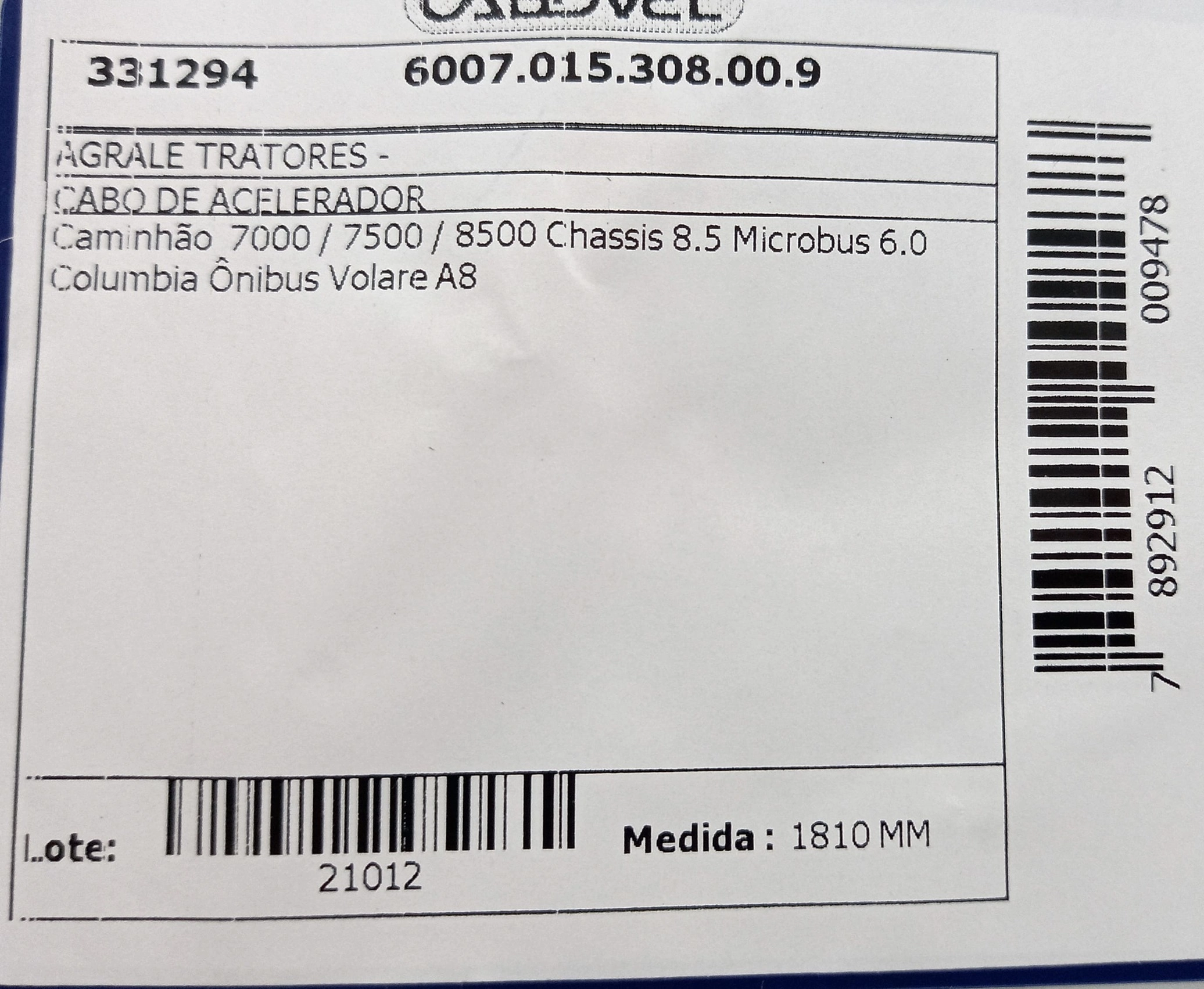 CABO ACELERADOR 1810MM AGRALE CAMINHOES 7000/7500/8500 ONIBUS VOLARE A8 1810
