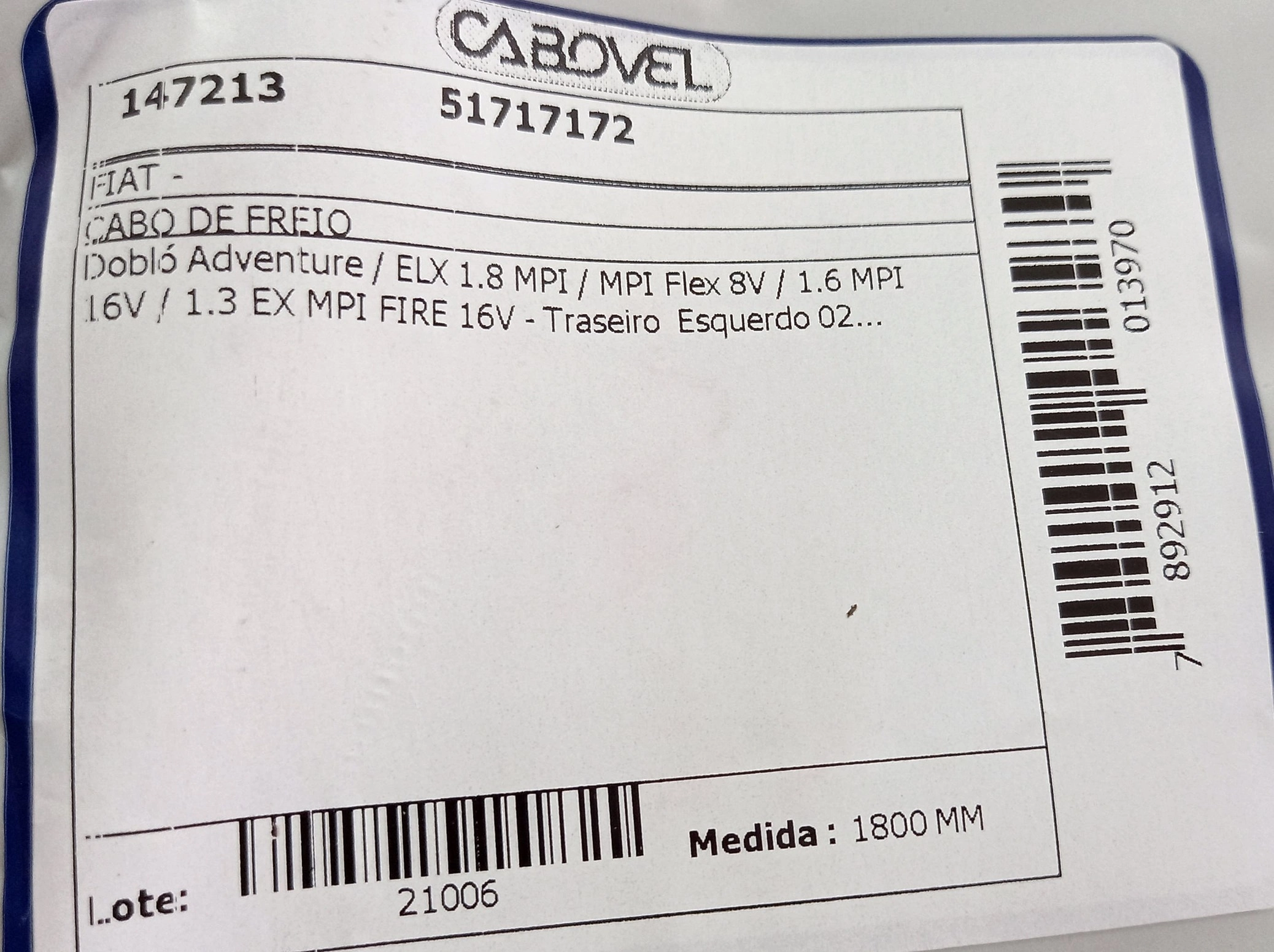 CABO FREIO FIAT DOBLO 2002/ - TRASEIRO ESQUERDO - 1800MM