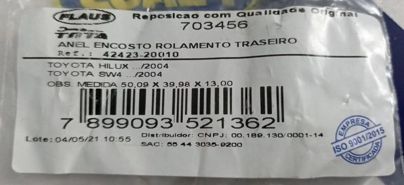 ANEL ENCOSTO ROLAMENTO SEMI EIXO TRASEIRO TOYOTA HILUX/SW4 /2004 - 39,98X50,09X13MM
