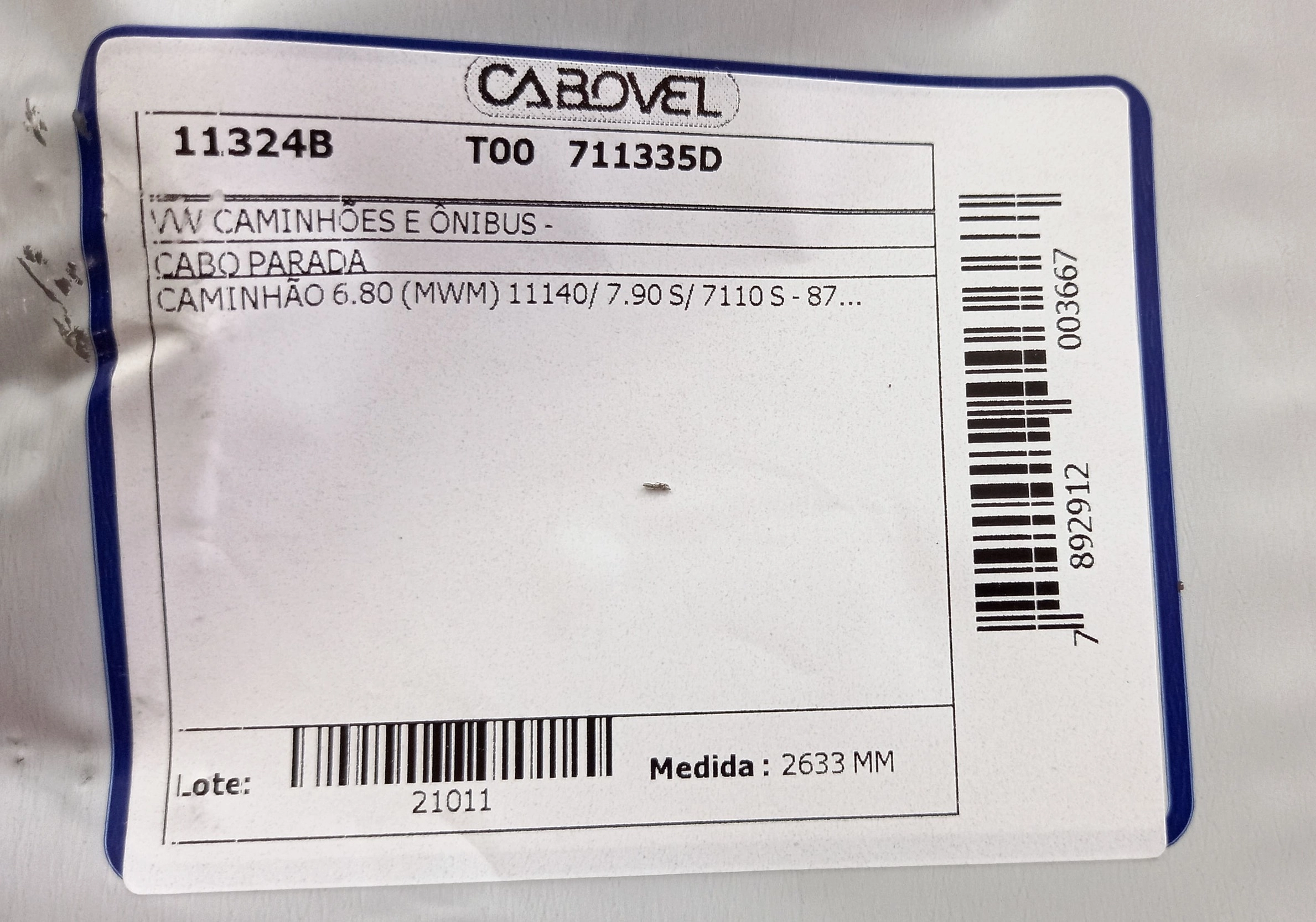 CABO ESTRANGULADOR 2633MM VW 6.80 MWM/11.140/7.90 S/7110 87/