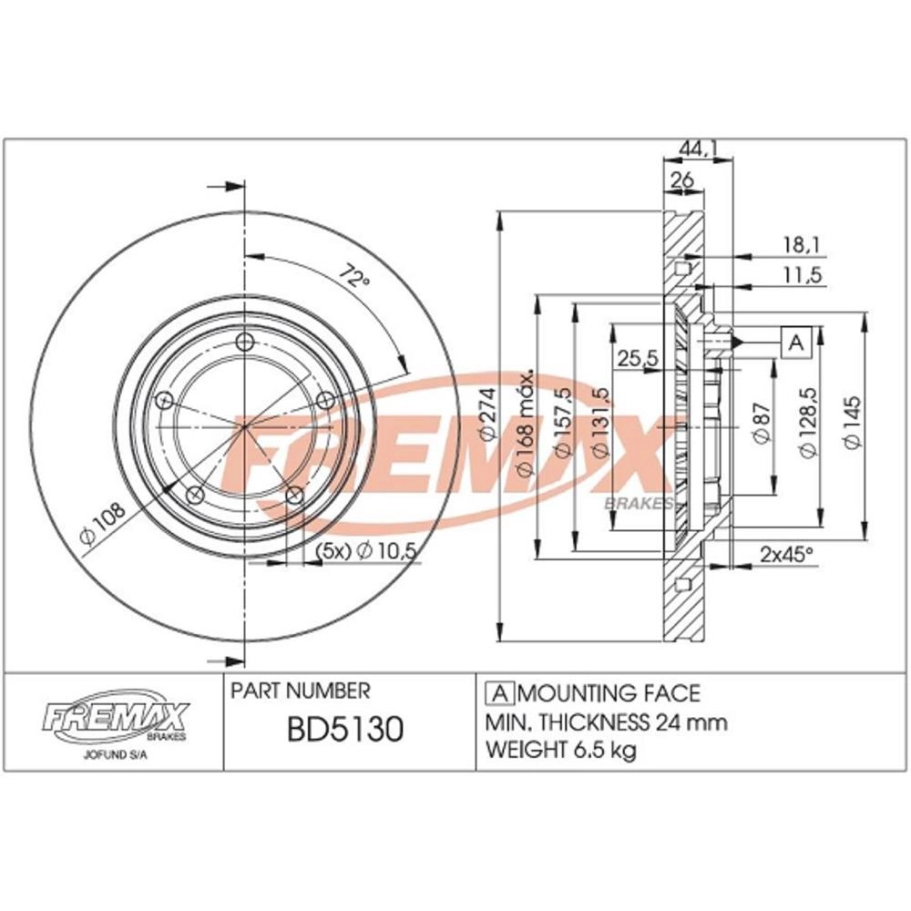 DISCO DE FREIO DIANTEIRO HYUNDAI HR 2.5 05/ - H1 2.4 03/ - 2.5 TD 05/ -  VENTILADO 274MM