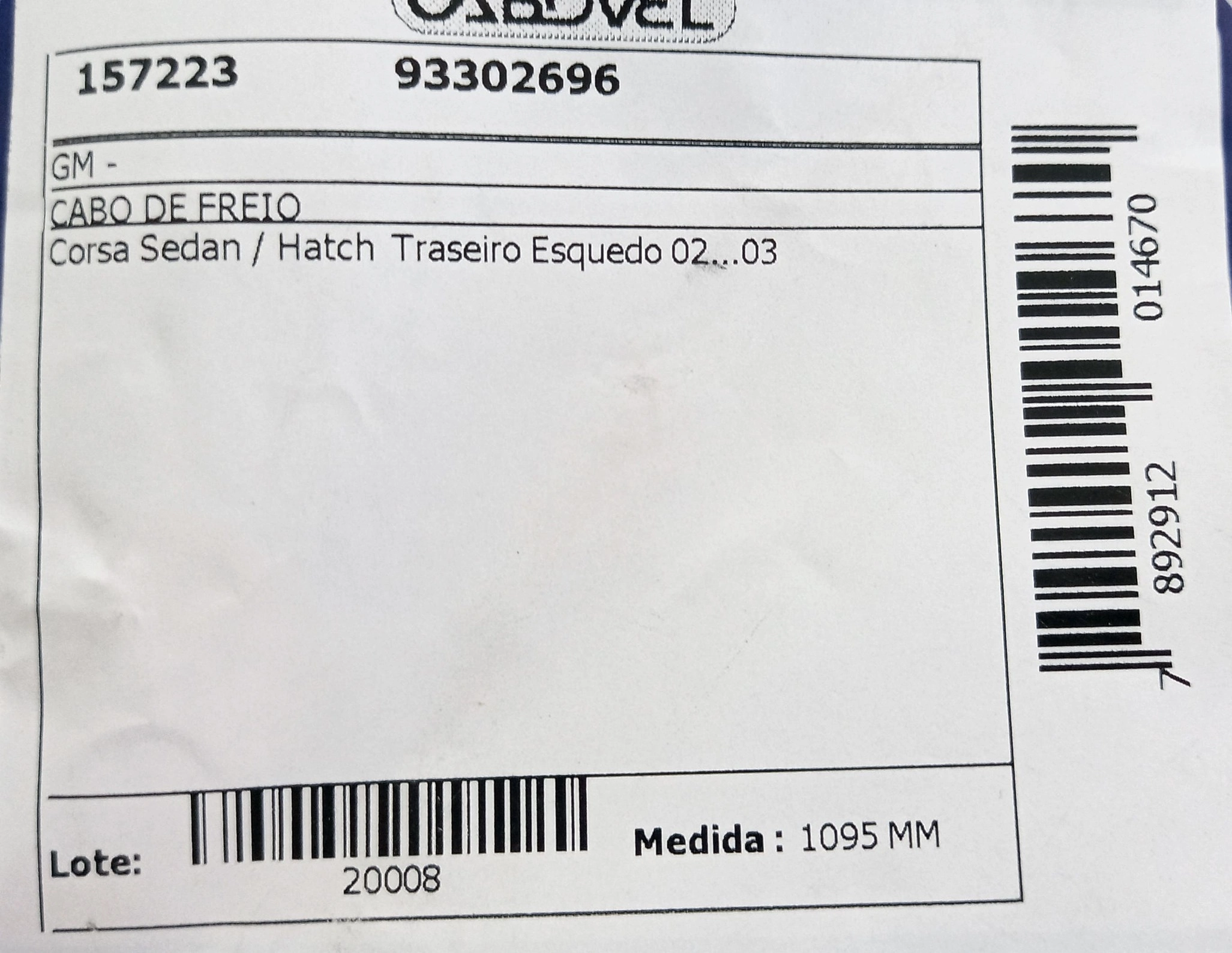 CABO FREIO TRASEIRO LADO ESQUERDO 1095MM GM NOVO CORSA 2002/-