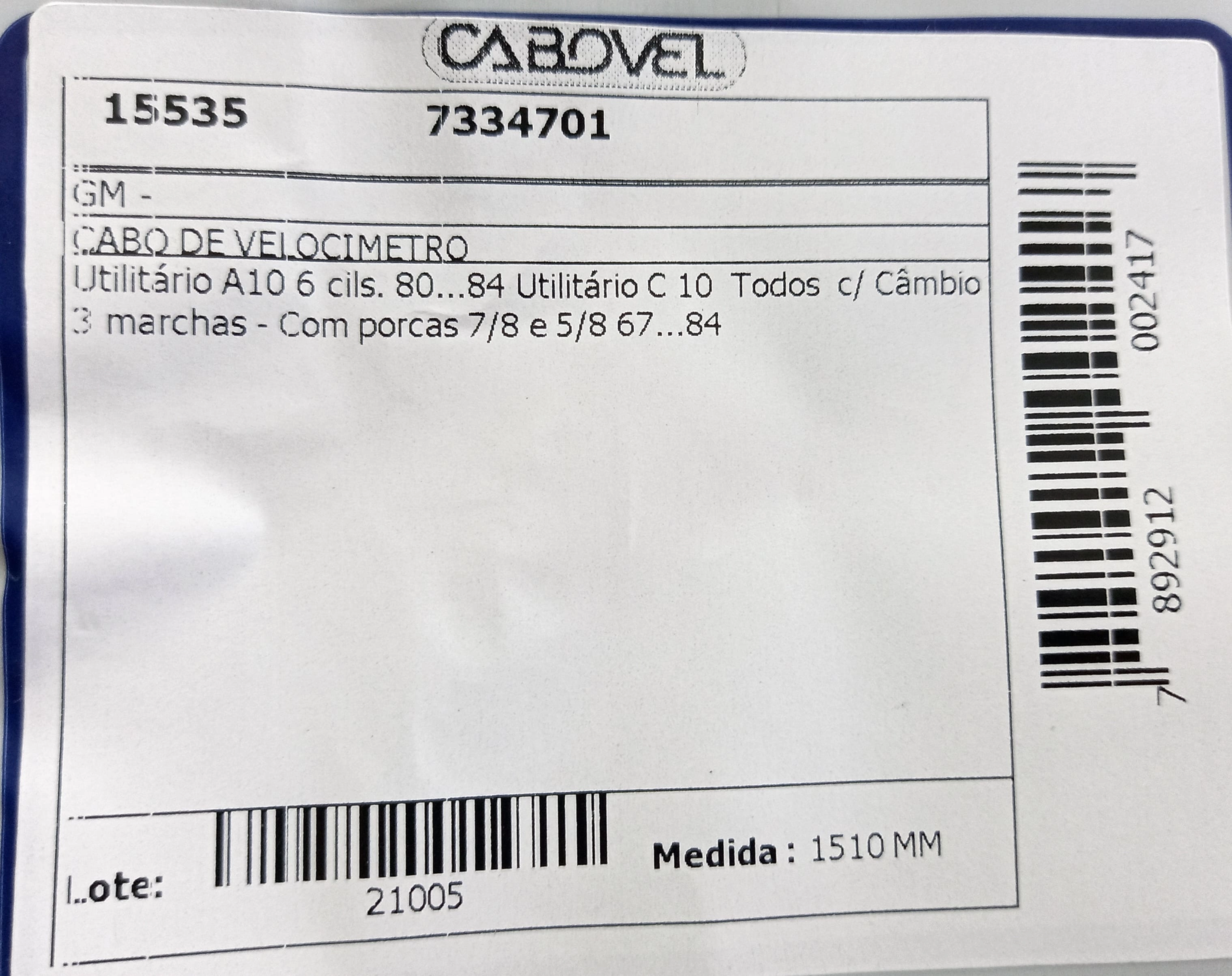 CABO VELOCIMETRO GM A-10 6 CIL. - C-10 TODOS 3 MARCHAS 67/84 1510