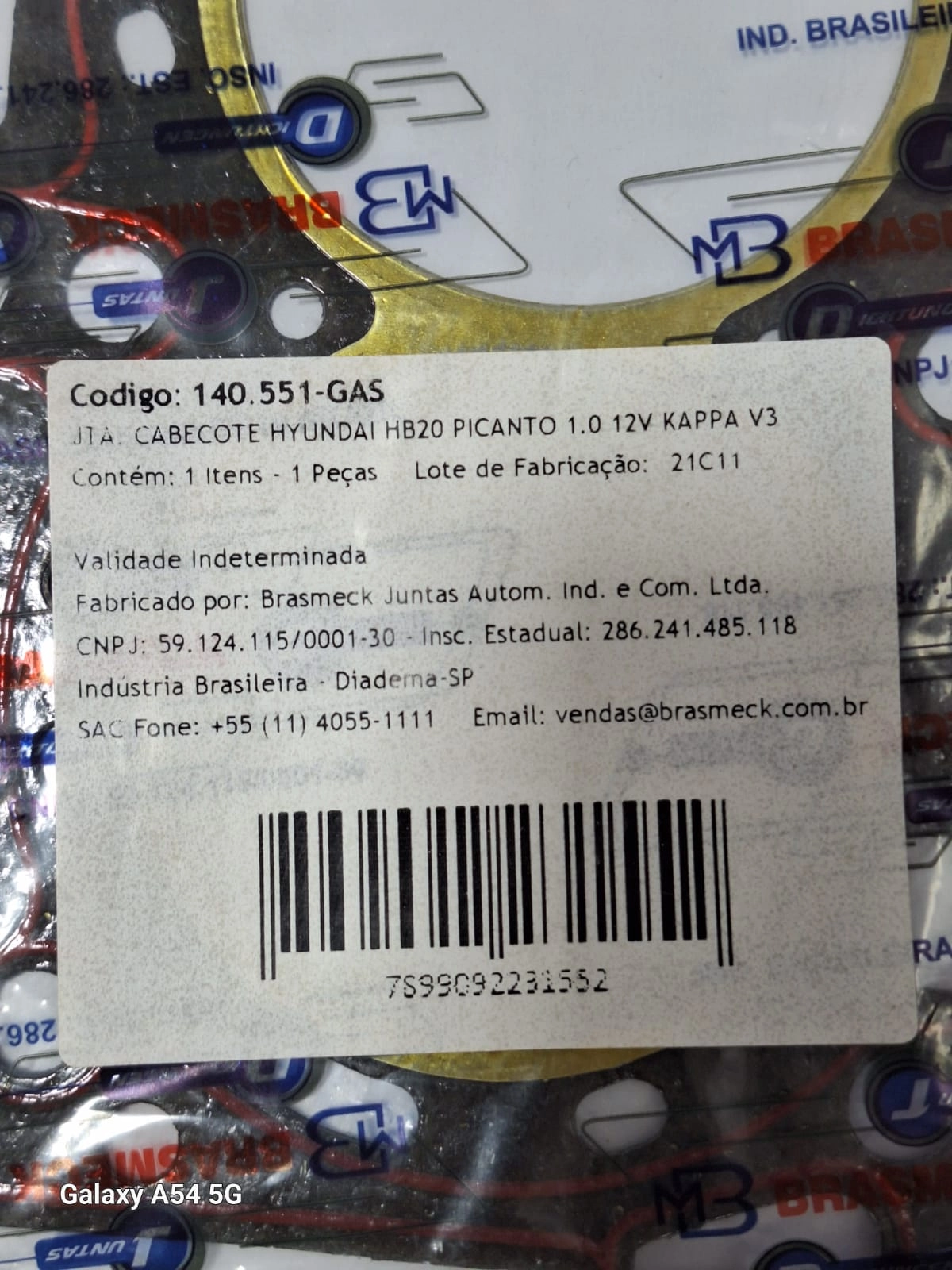 JUNTA CABEÇOTE DE FIBRA HYUNDAI HB20 1.0 12V 2010/ KIA PICANTO 1.0 10/ - MOTOR KAPPA 3 CILINDROS