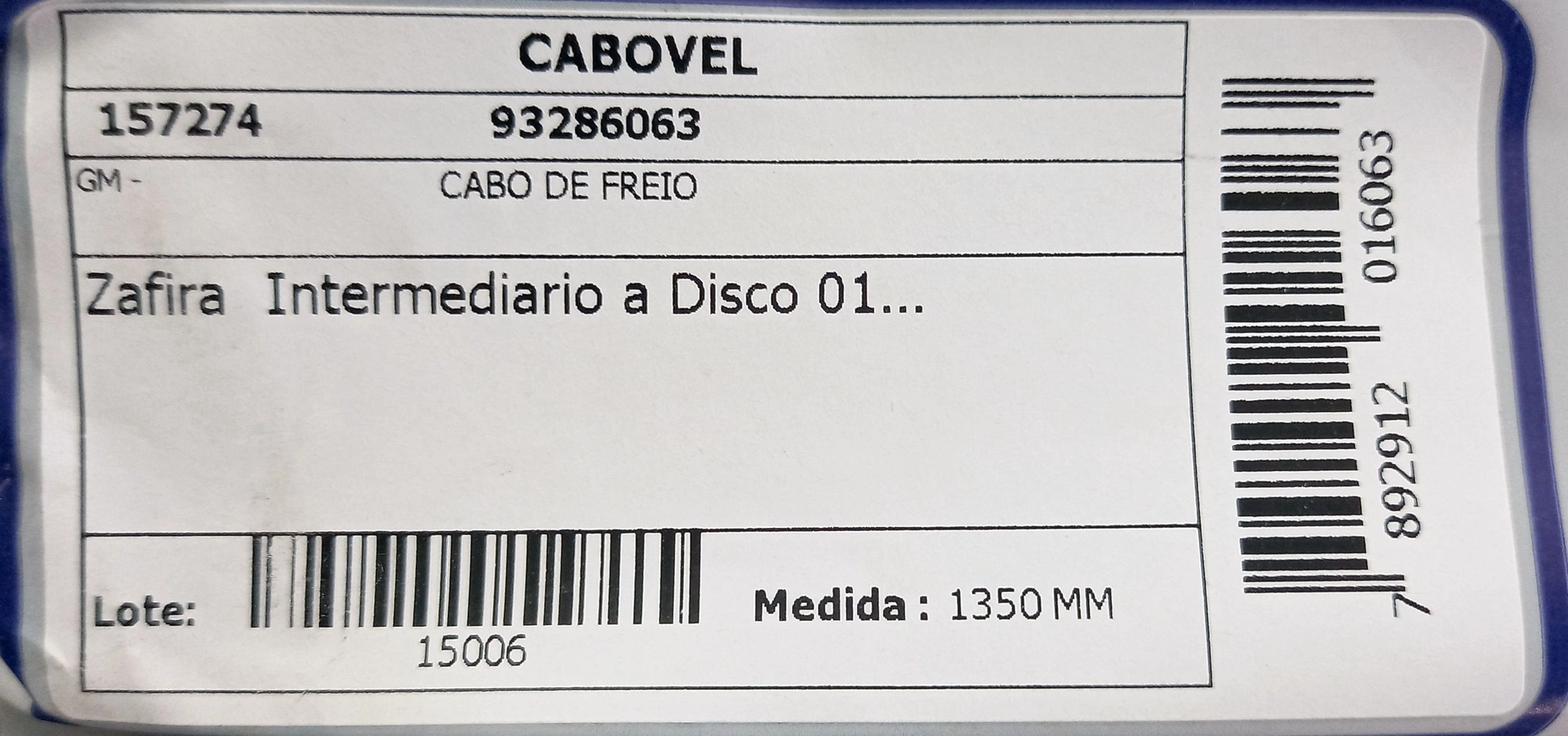 CABO FREIO GM ZAFIRA 2001/ - INTERMEDIARIO C/FREIO A DISCO 135