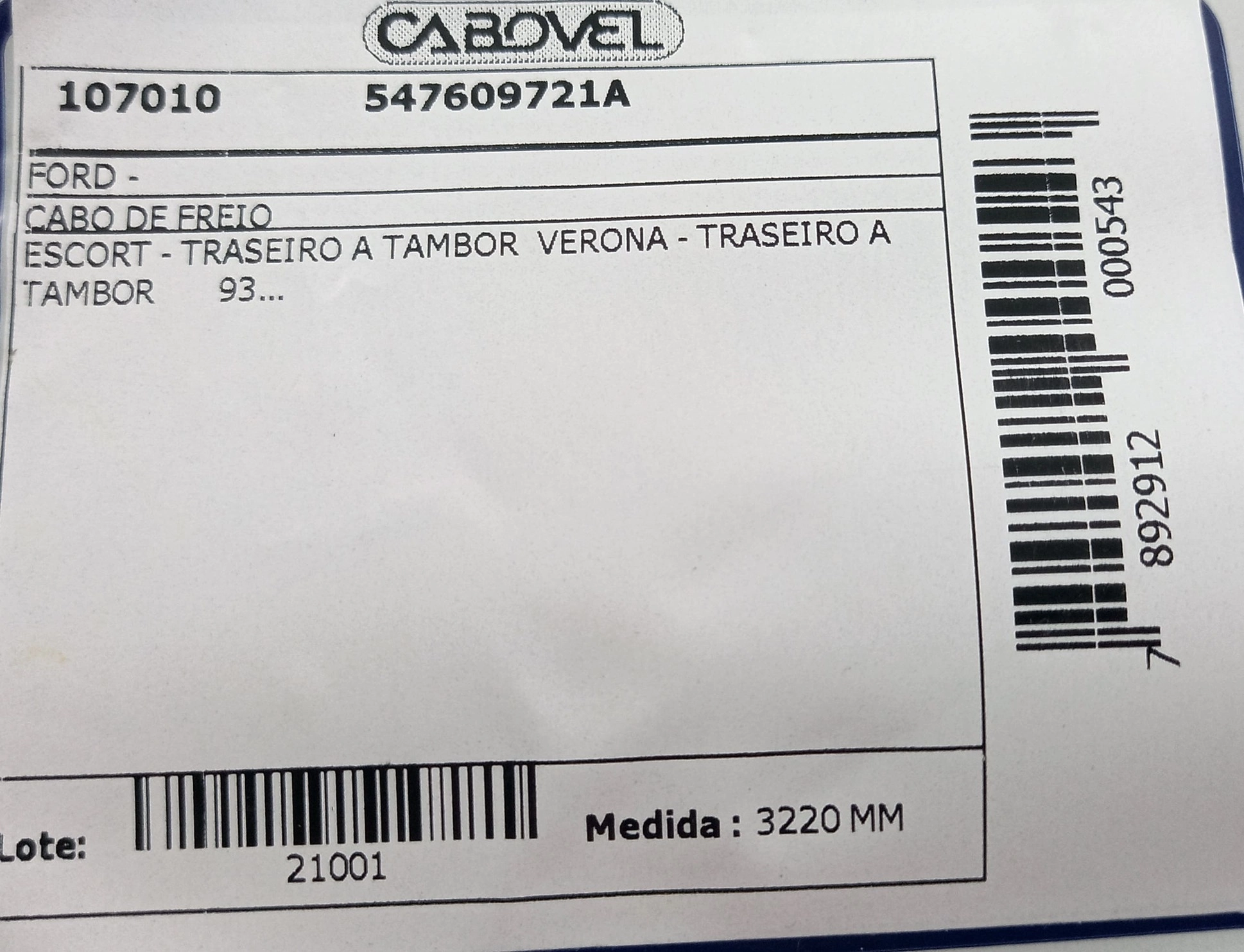 CABO FREIO TRASEIRO 3220MM FORD ESCORT/VERONA TODOS A TAMBOR 93/96