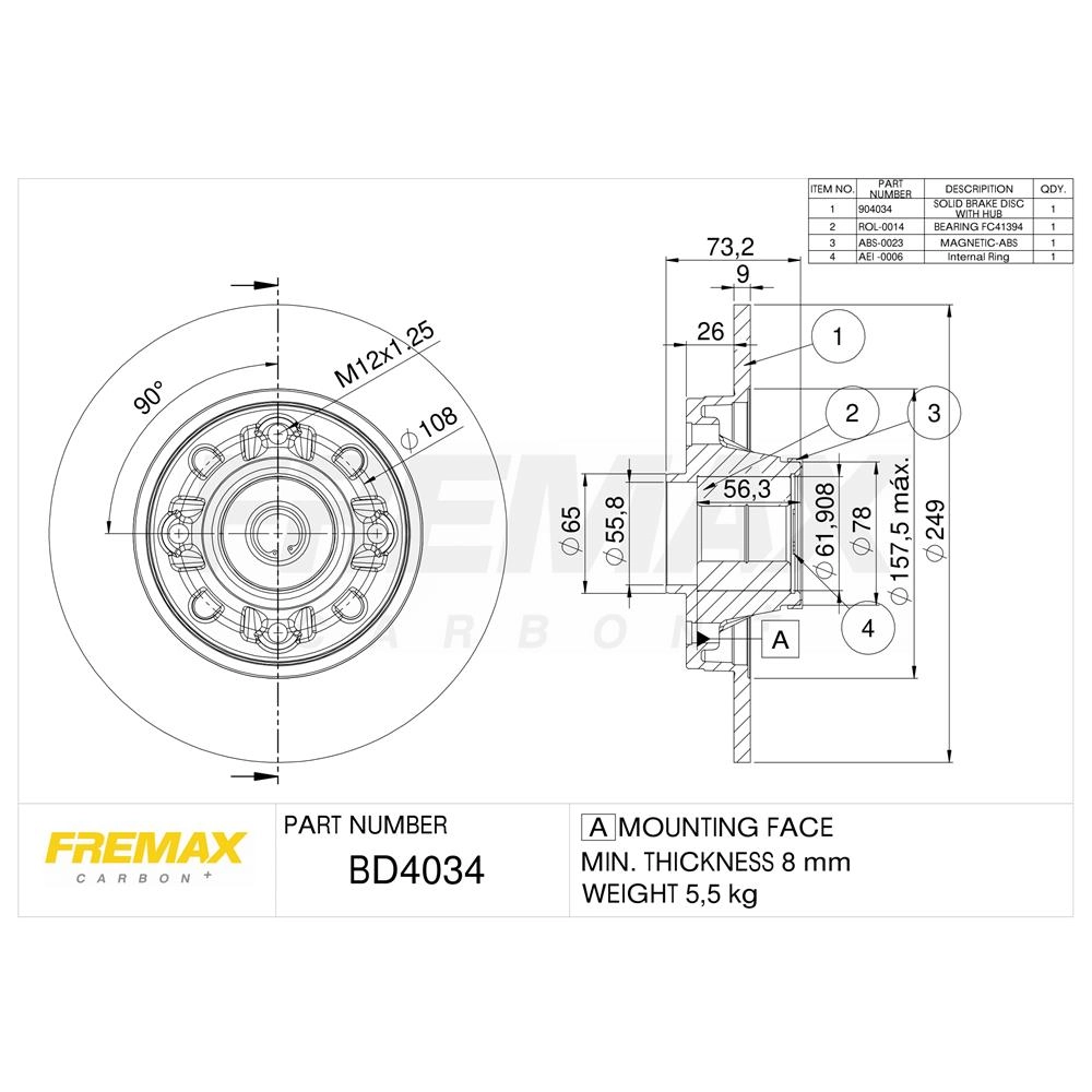 KIT DISCO FREIO TRASEIRO COM ROLAMENTO SÓLIDO 249MM CITROEN C4 LOUNGE 2.0 13/ DS4 1.6 PEUGEOT 308/408 11/