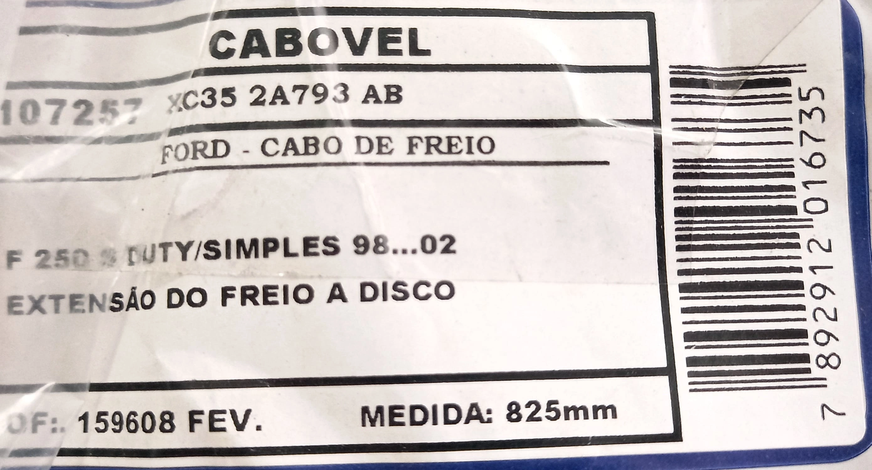 CABO FREIO EXTENSÃO/INTERMEDIÁRIO DO FREIO FORD F-250 98/02 CABINE SIMPLES - 825MM - FREIO DISCO