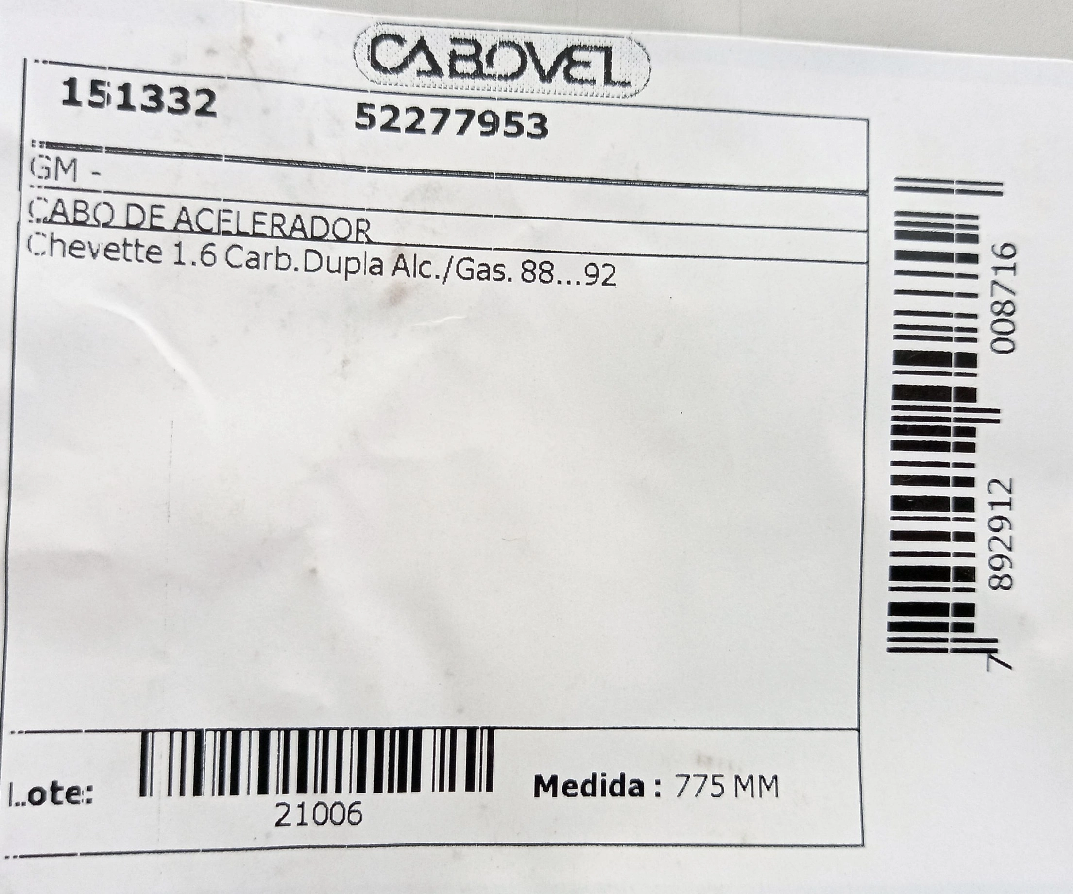 CABO ACELERADOR 775MM GM CHEVETTE/CHEVY 1.6 CARBURACAODUPLA ALC./GAS. 88/92 775