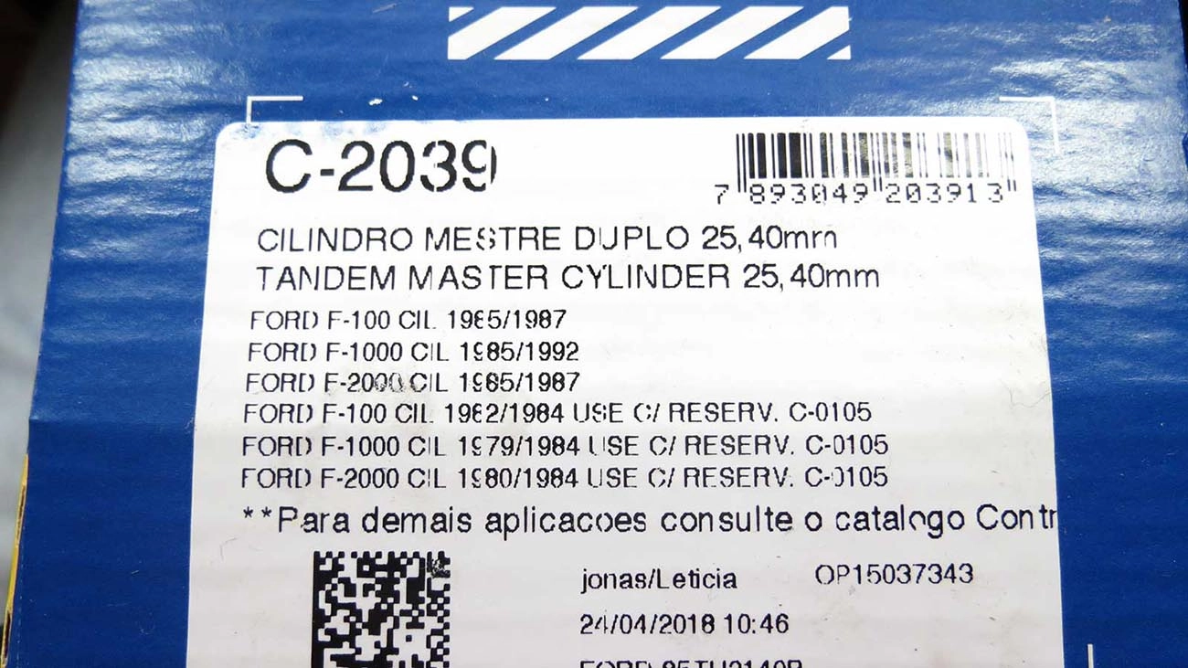 CILINDRO MESTRE FREIO FORD F-100 85/87 - F-1000 85/92 - F-2000 85/87 - 25,40MM