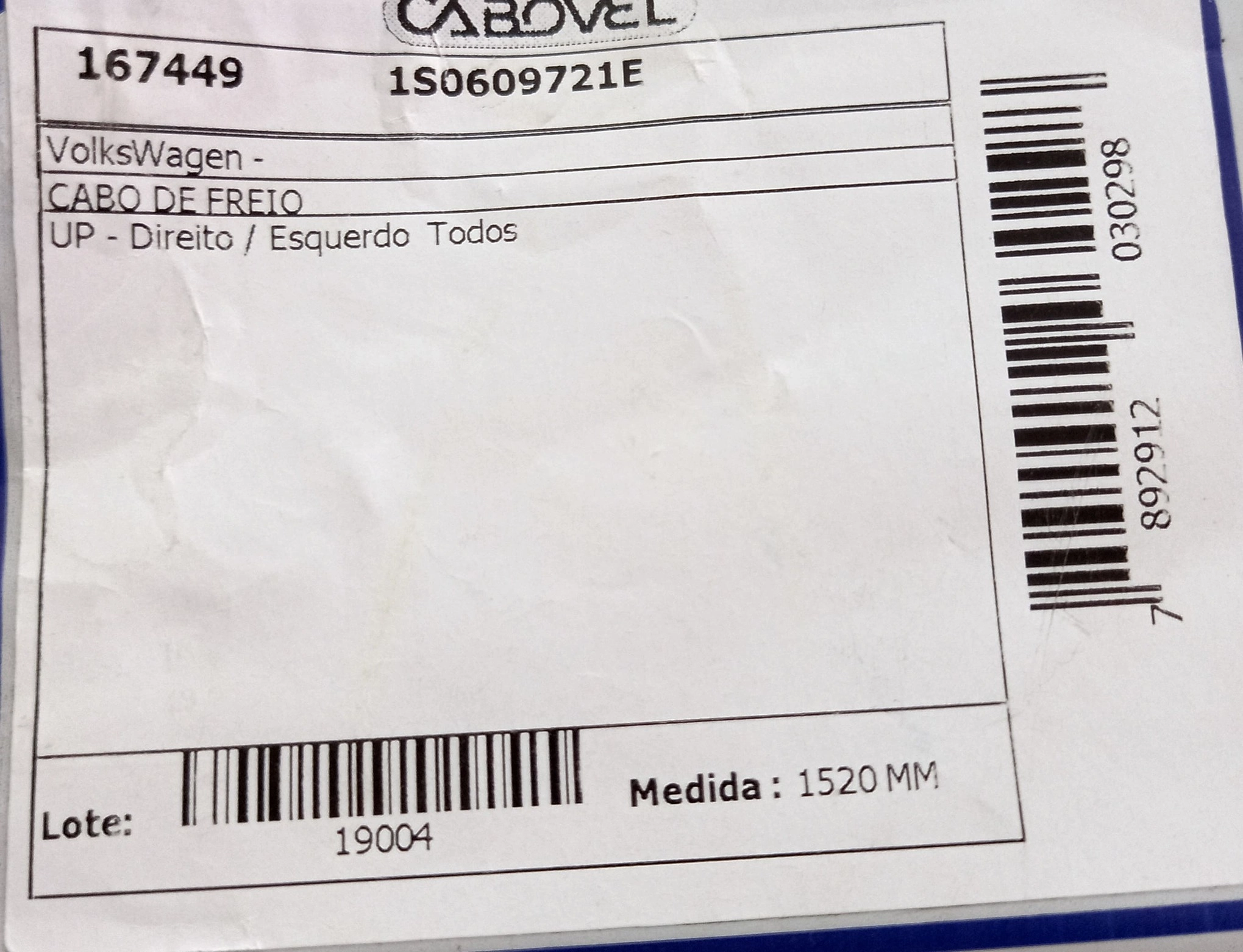CABO DE FREIO TRASEIRO VW UP! 2014/ - 1520MM