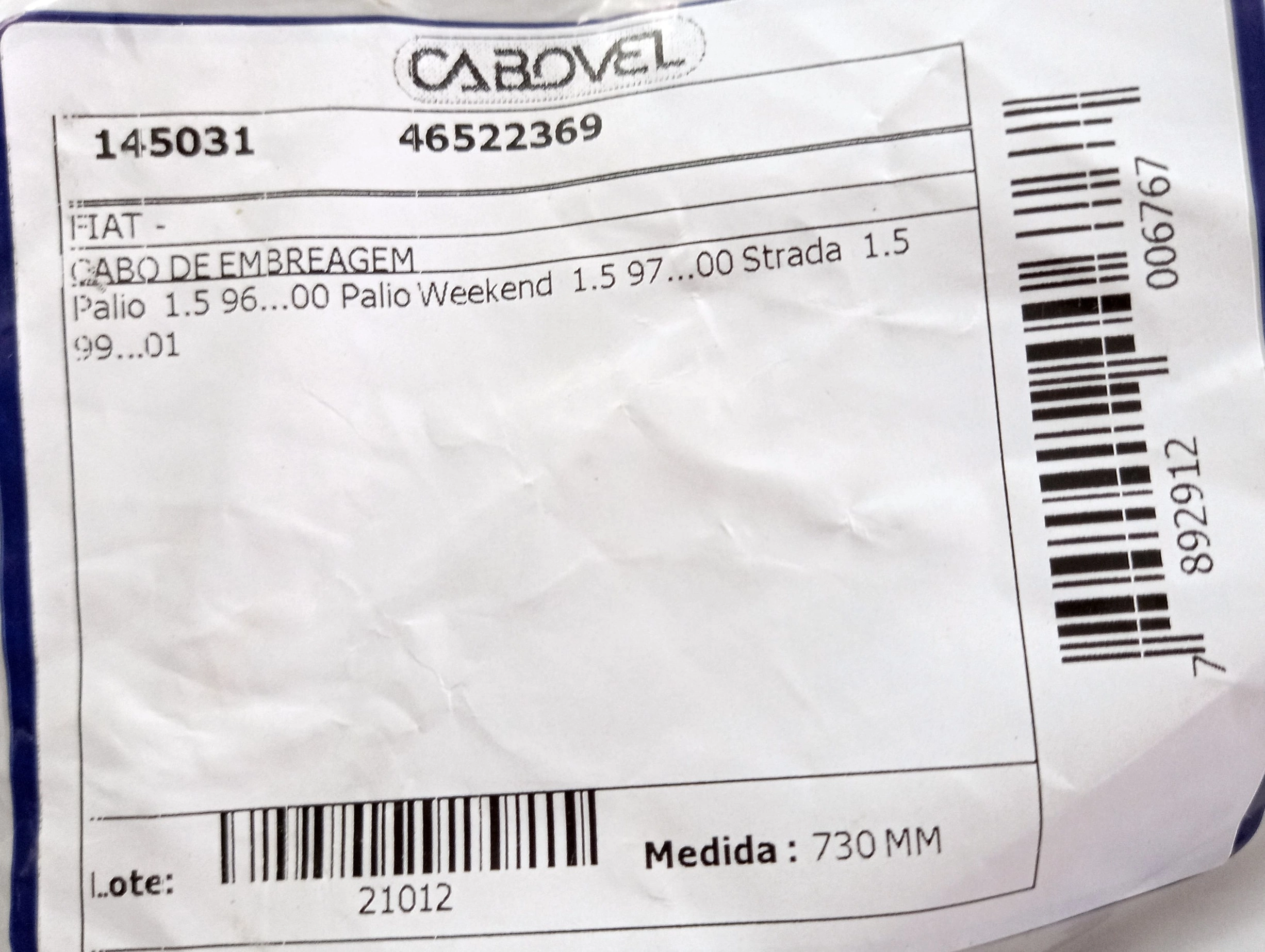 CABO EMBREAGEM 730MM FIAT PALIO/PALIO WEEKEND/STRADA 1.5 96/00