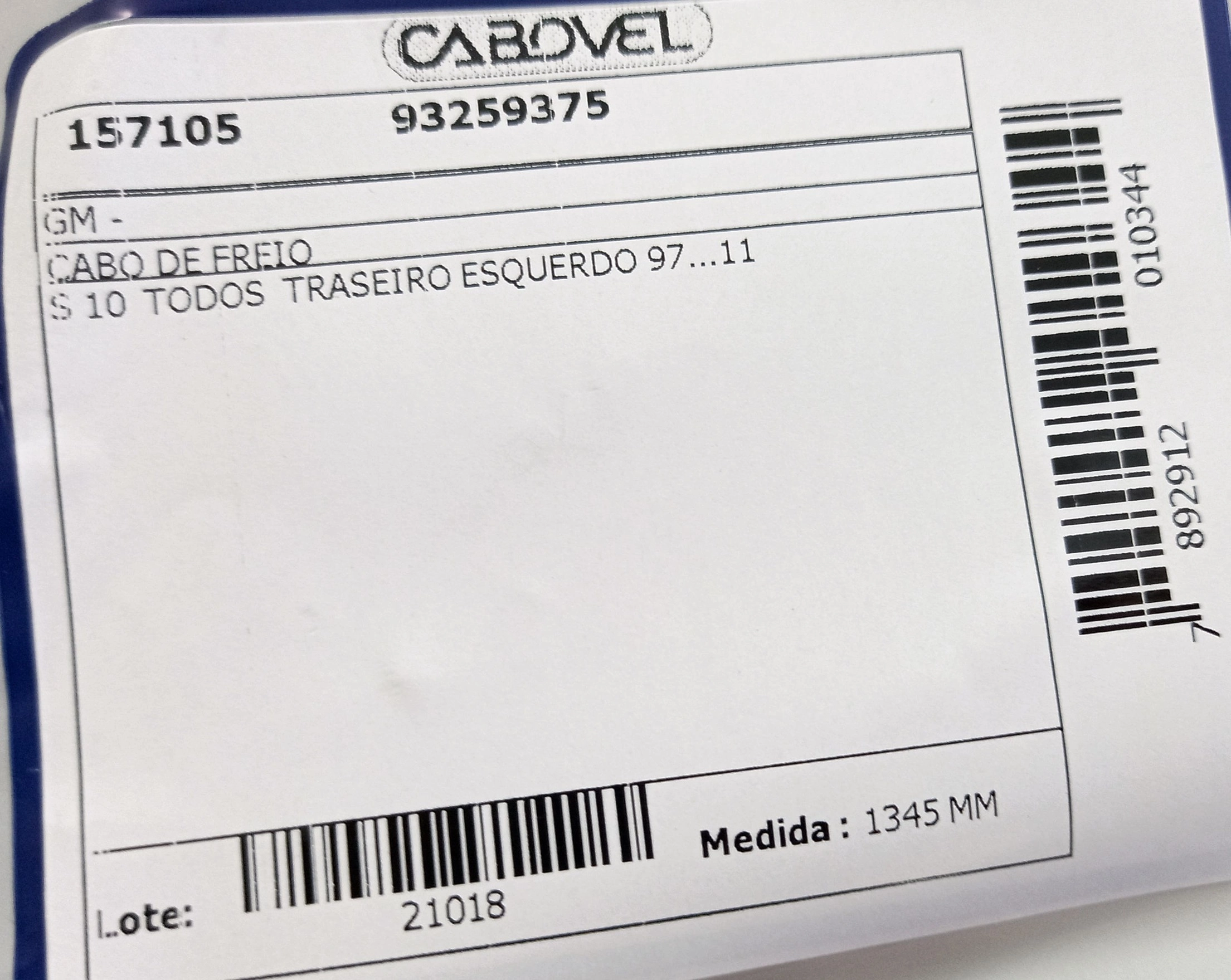 CABO FREIO TRASEIRO ESQUERDO 1345MM GM S-10/S-10 97/11 TODOS