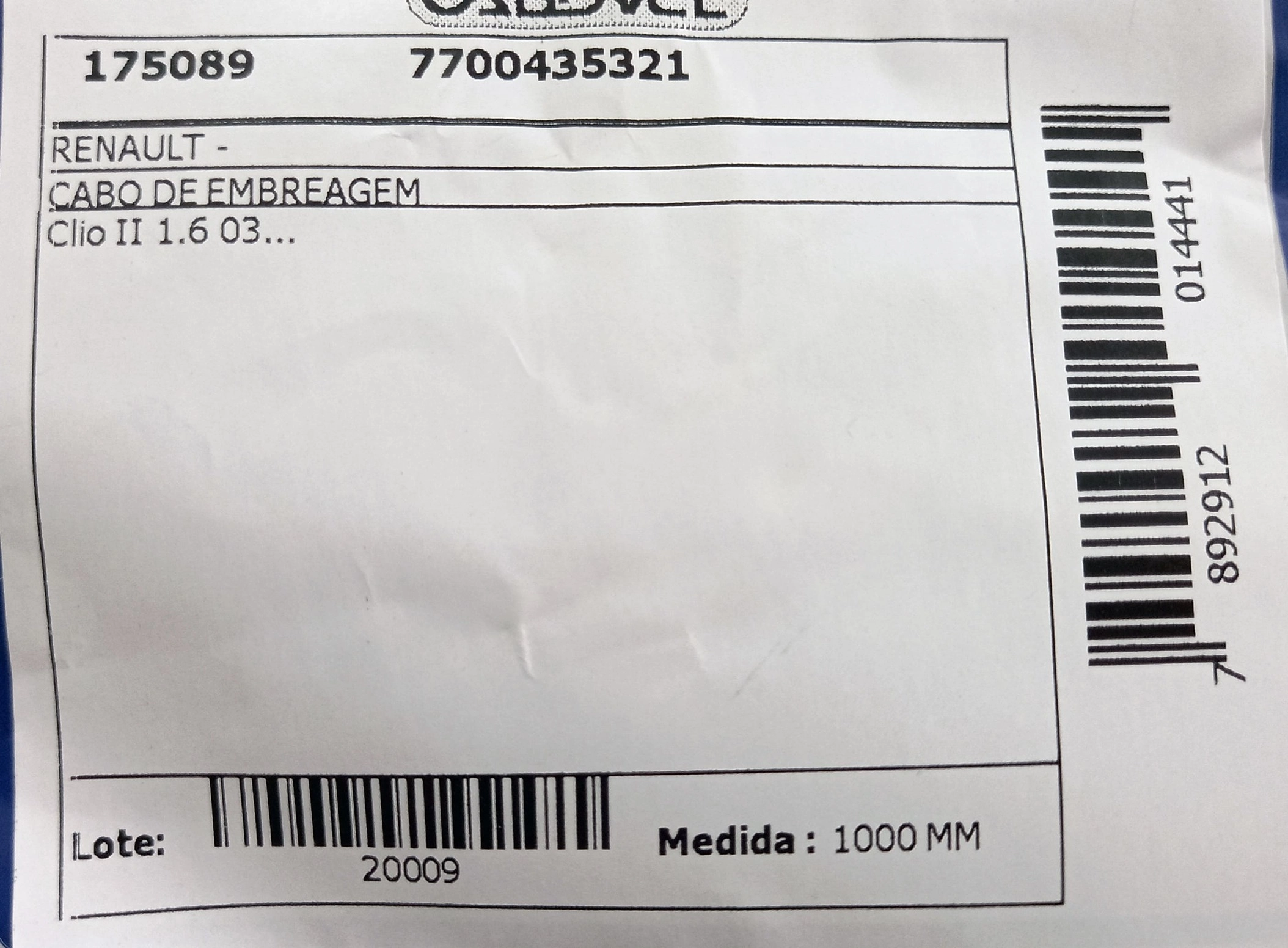 CABO DE EMBREAGEM RENAULT CLIO 1.6 03/ - 1000MM - SEM CONTRA PESO
