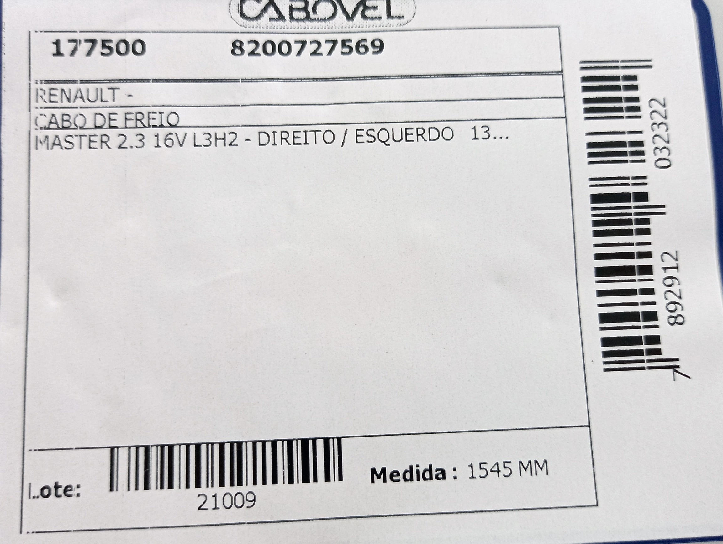 CABO FREIO DIREITO/ESQUERDO 1545MM RENAULT MASTER 13/