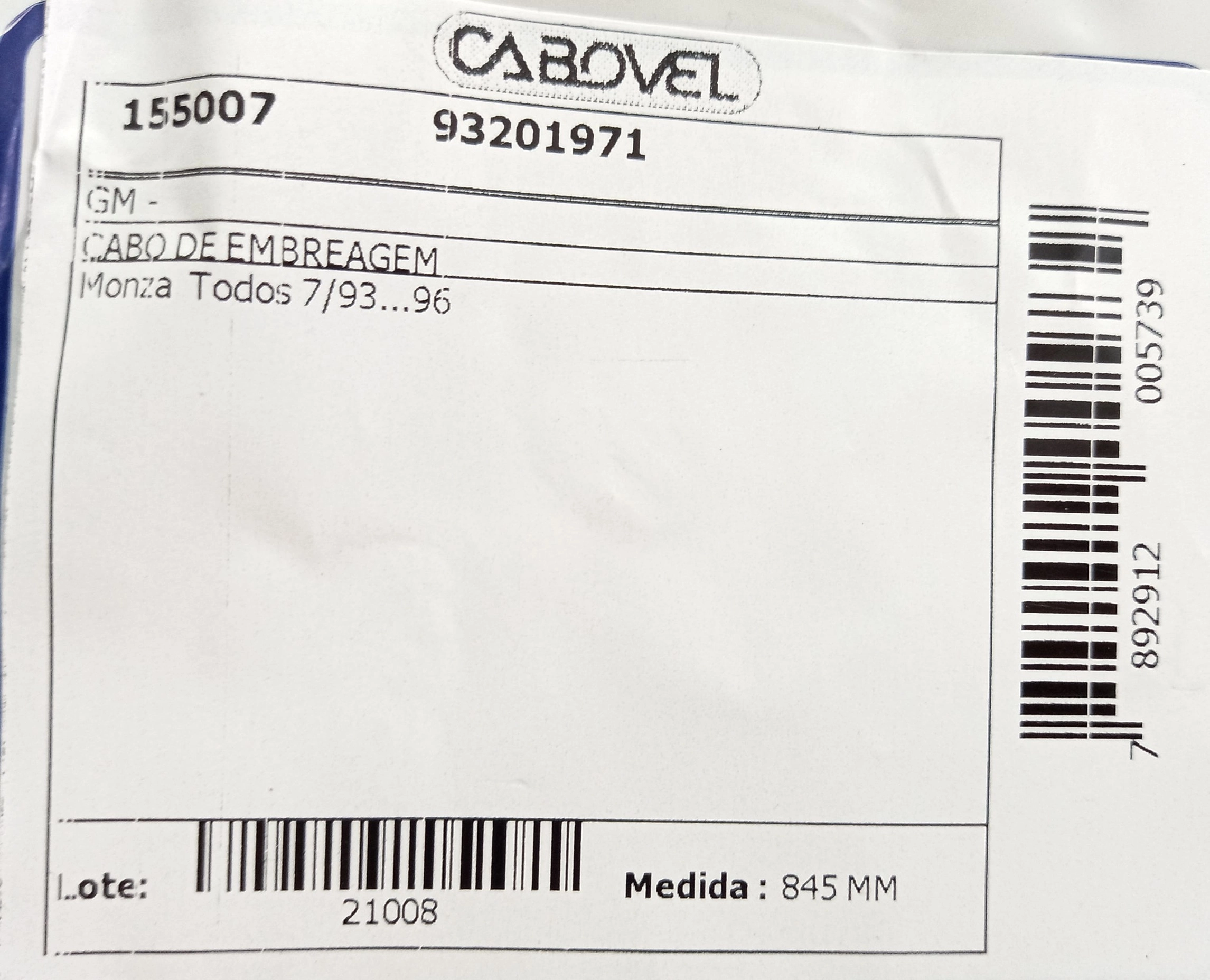 CABO EMBREAGEM 845MM GM MONZA TODOS 07.1993/1996