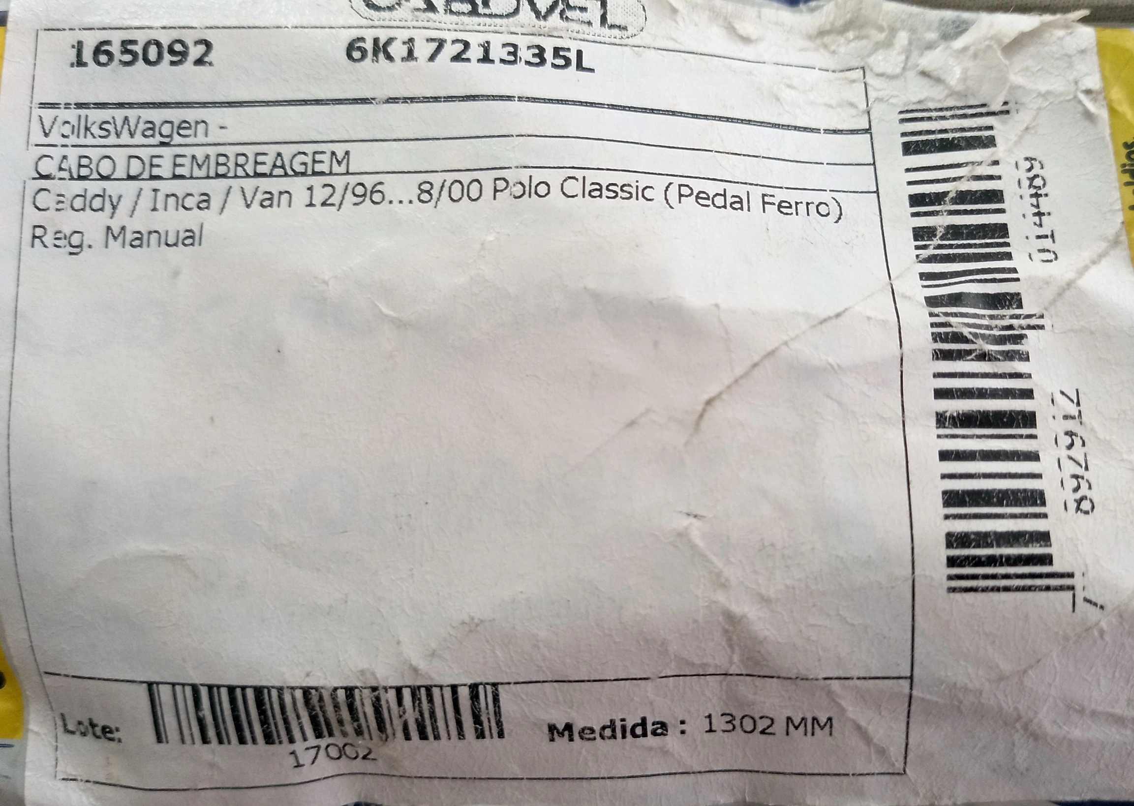 CABO EMBREAGEM COM REGULAGEM MANUAL 1302MM VW POLO CLASSIC 1996/2000