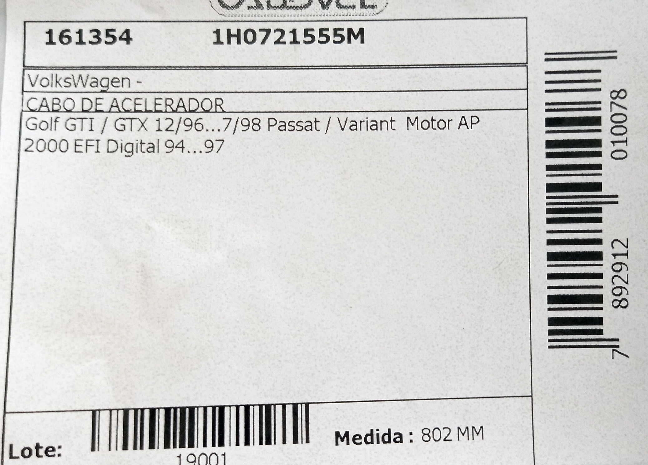 CABO ACELERADOR 802MM VW GOLF GTI/GTX PASSAT/VARIANT AP 2.0 EFI DIGITAL 12.96/07.98 802